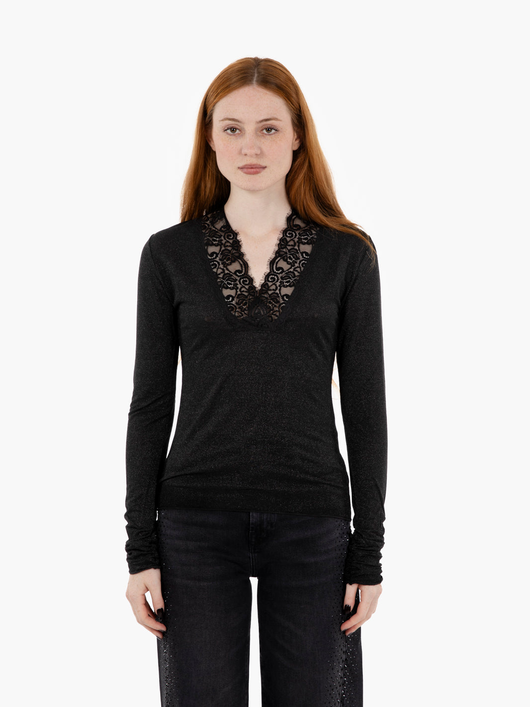 Maglia in lurex e pizzo nero