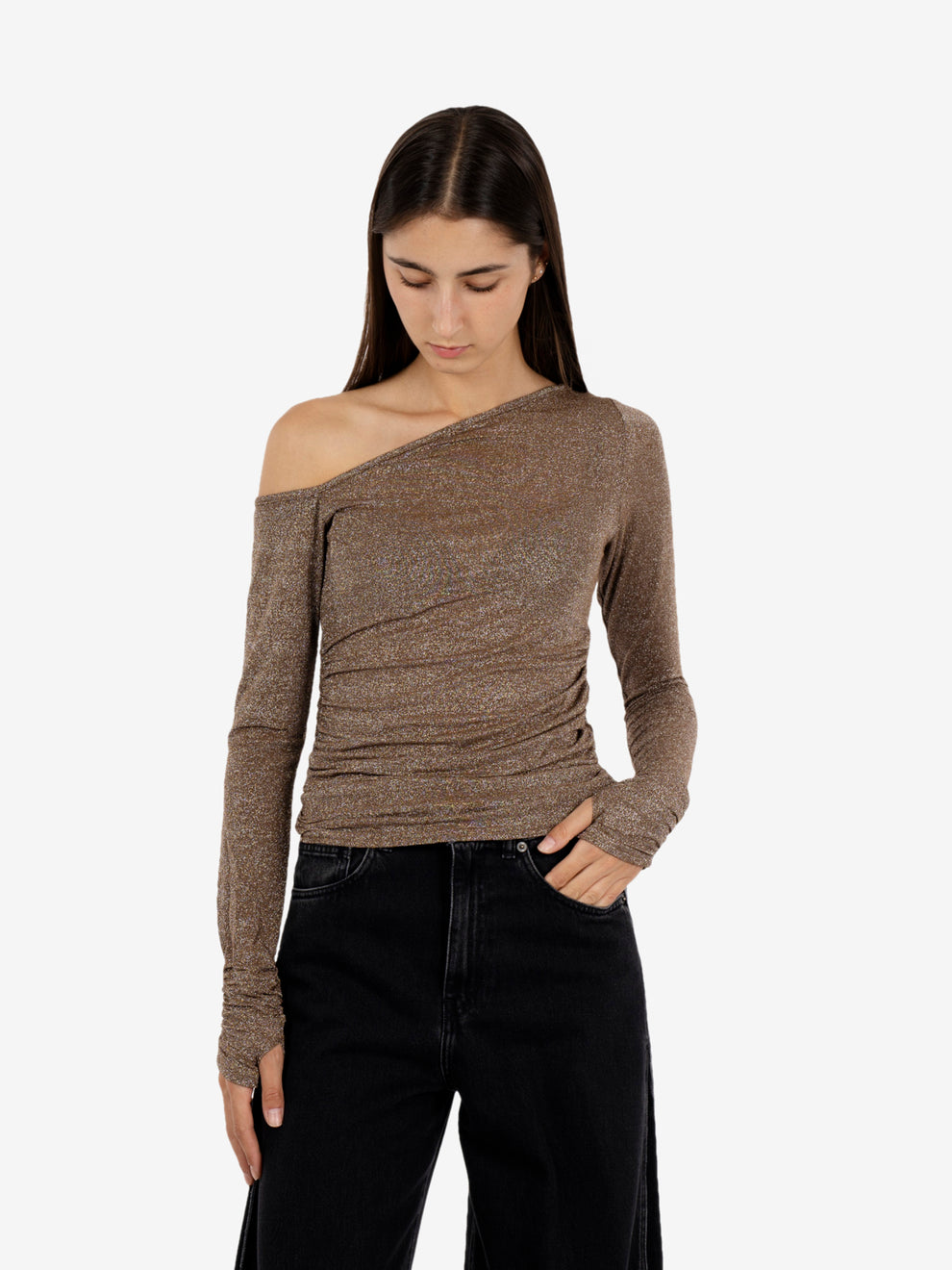 Maglia lurex asimmetrica caffè