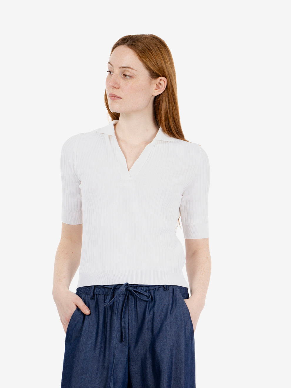 Maglia polo a coste panna