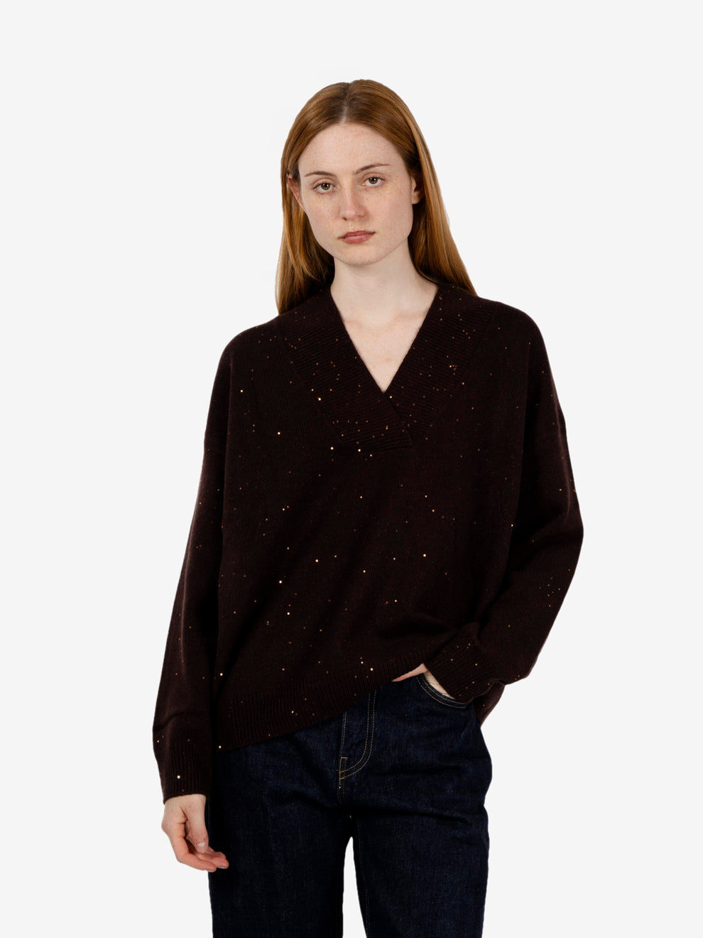 Maglia scollo V paillettes fondente