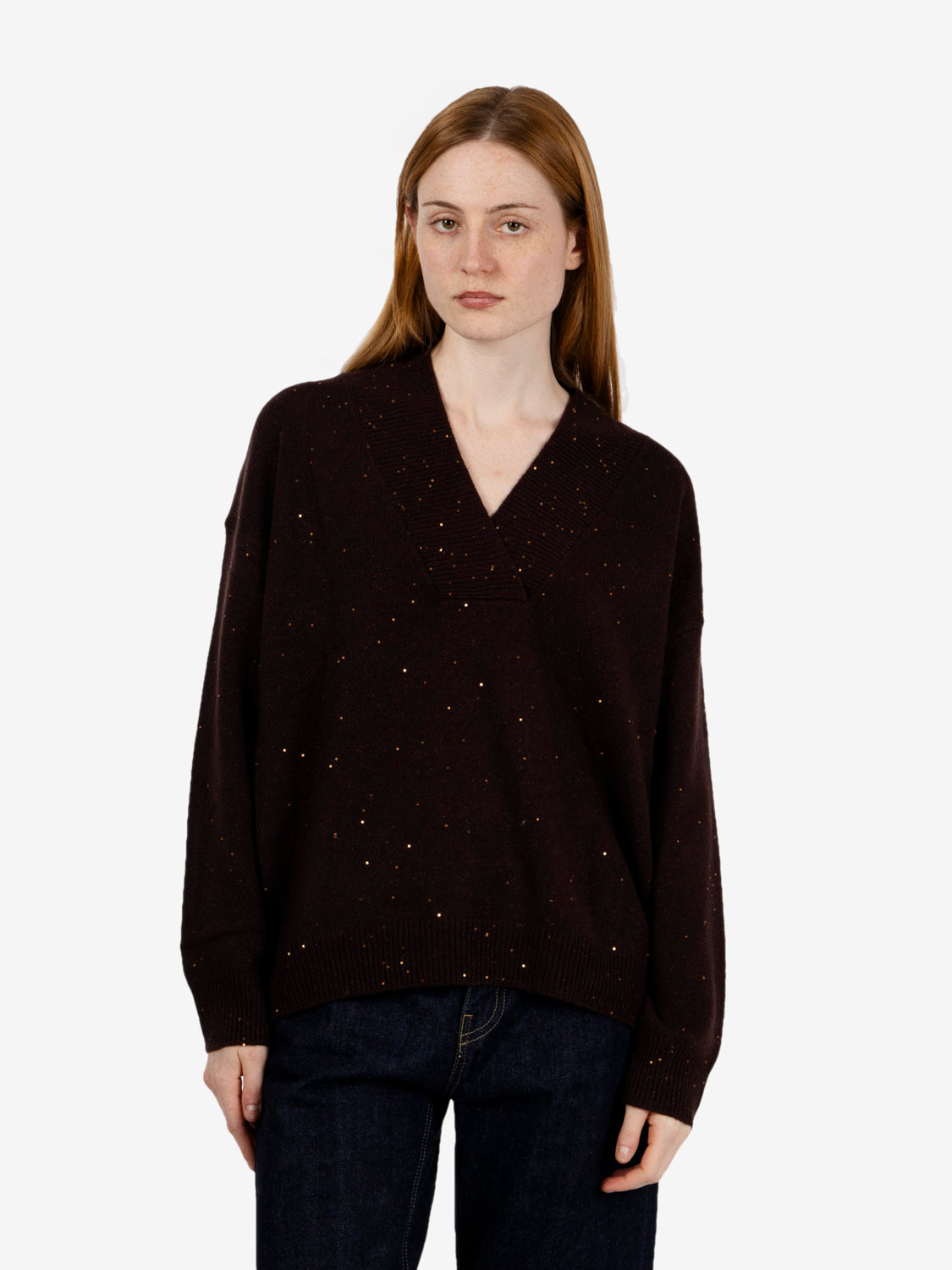 Maglia scollo V paillettes fondente