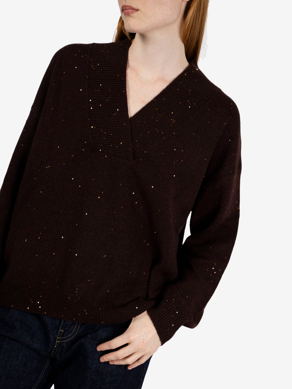 Maglia scollo V paillettes fondente