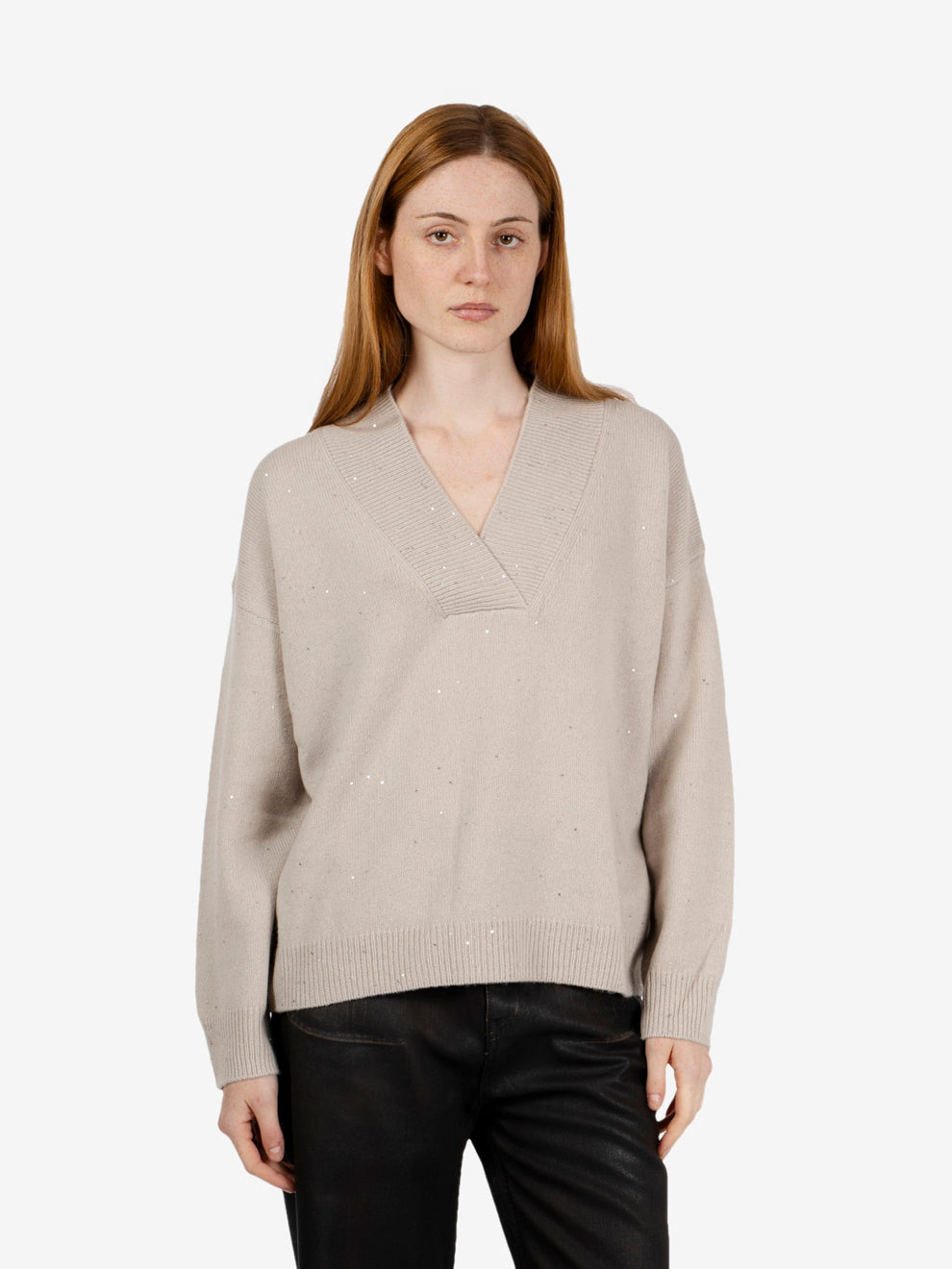Maglia scollo V paillettes mastice
