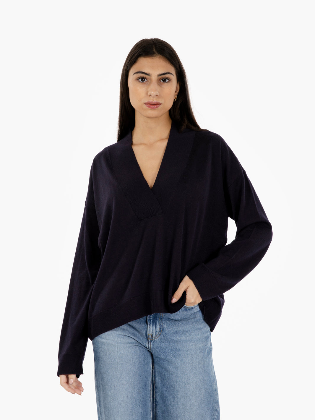 Blue V-neck merino sweater