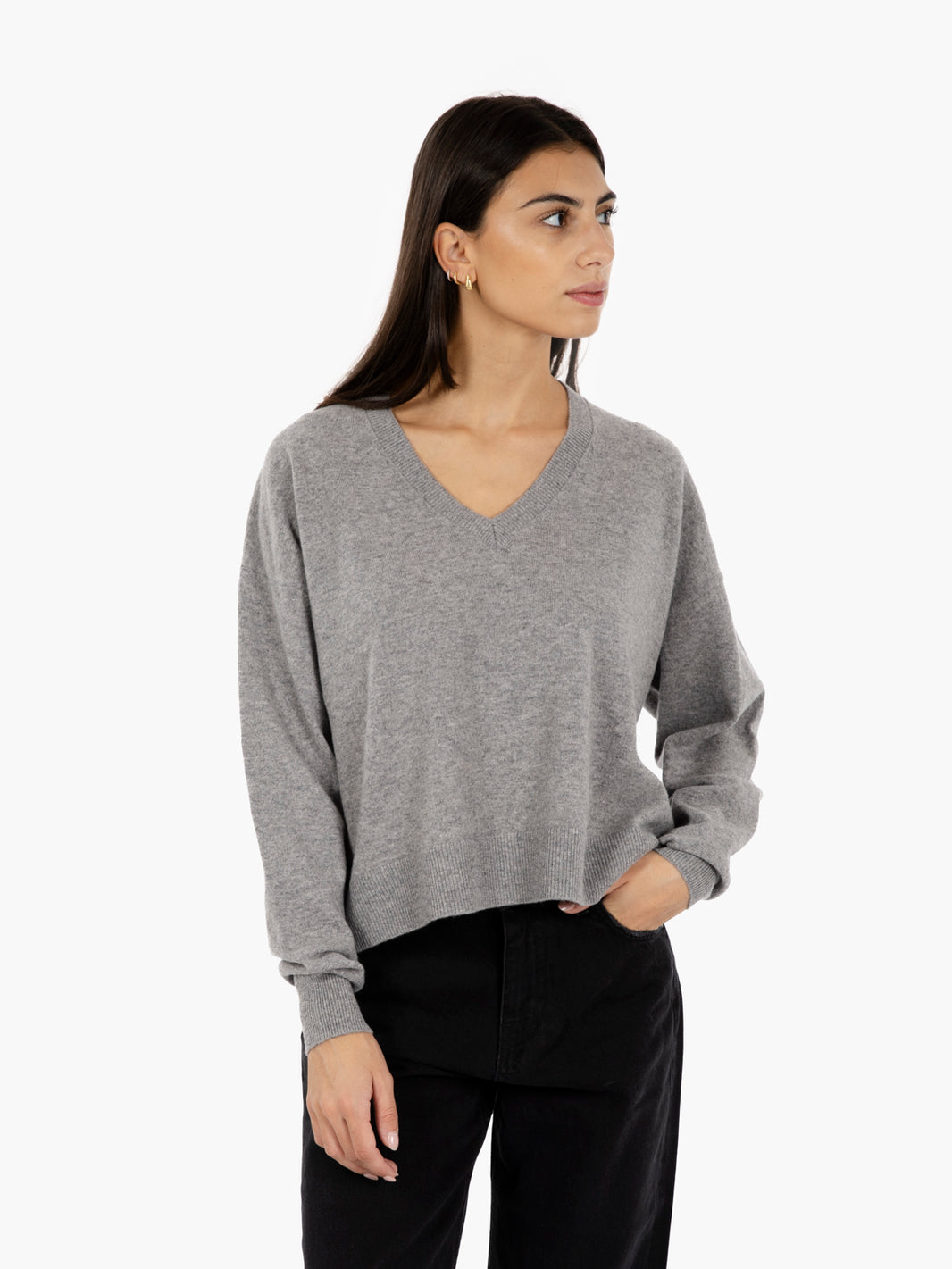 Grey V-neck sweater with back slit