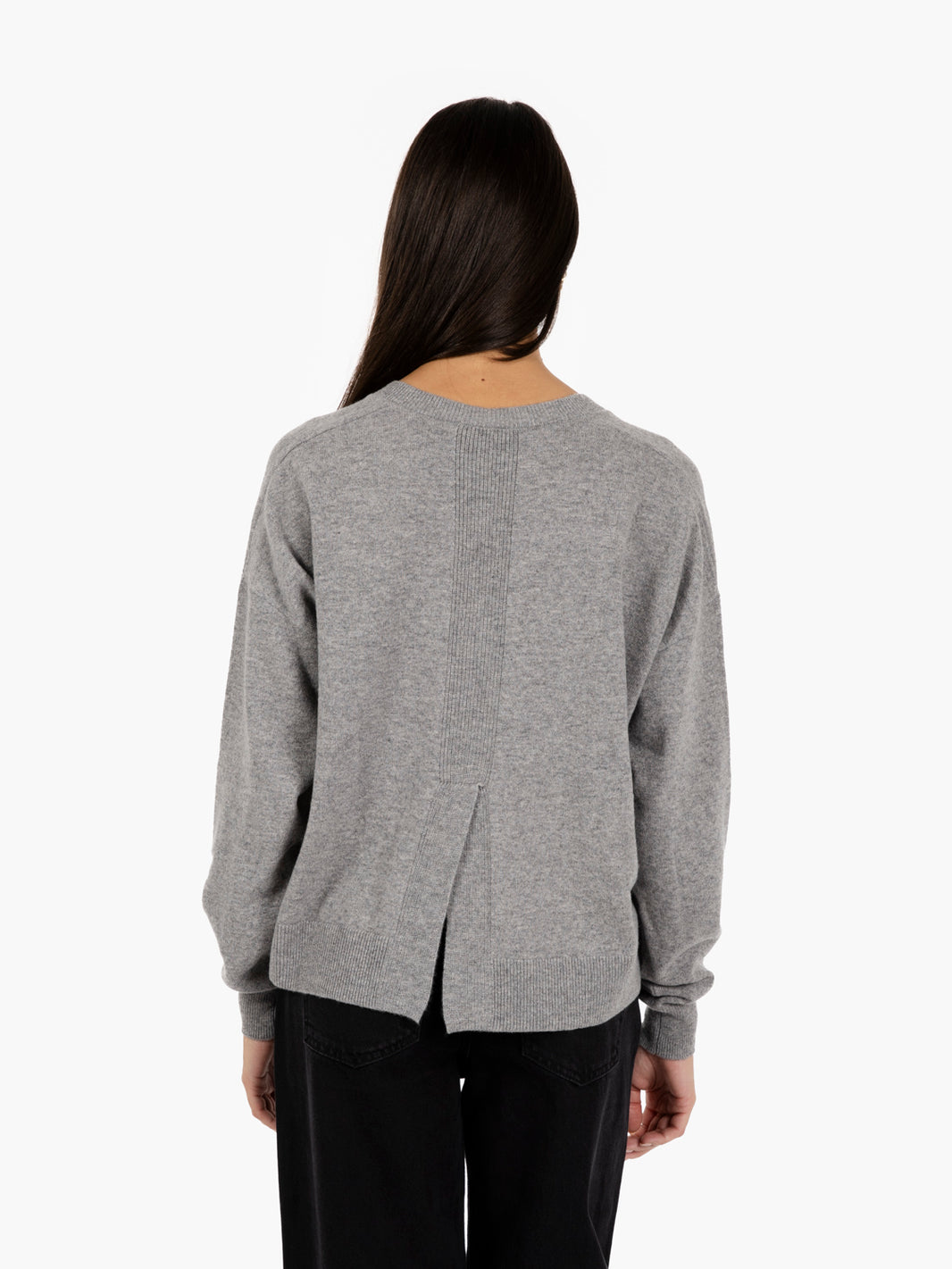 Grey V-neck sweater with back slit