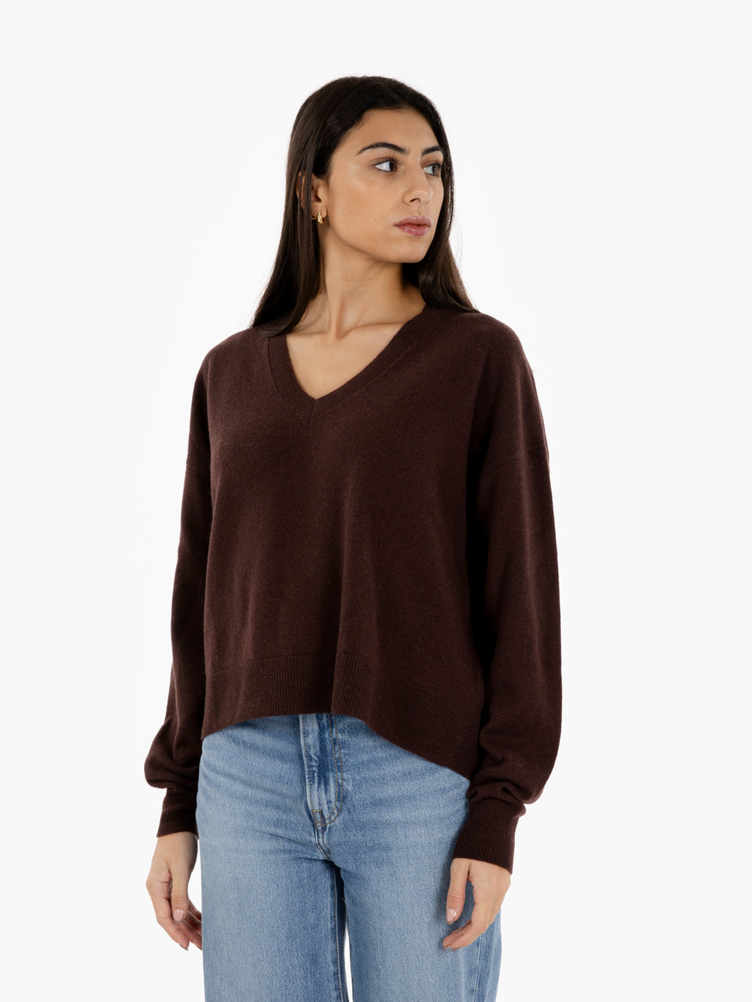 Dark brown V-neck sweater with back slit