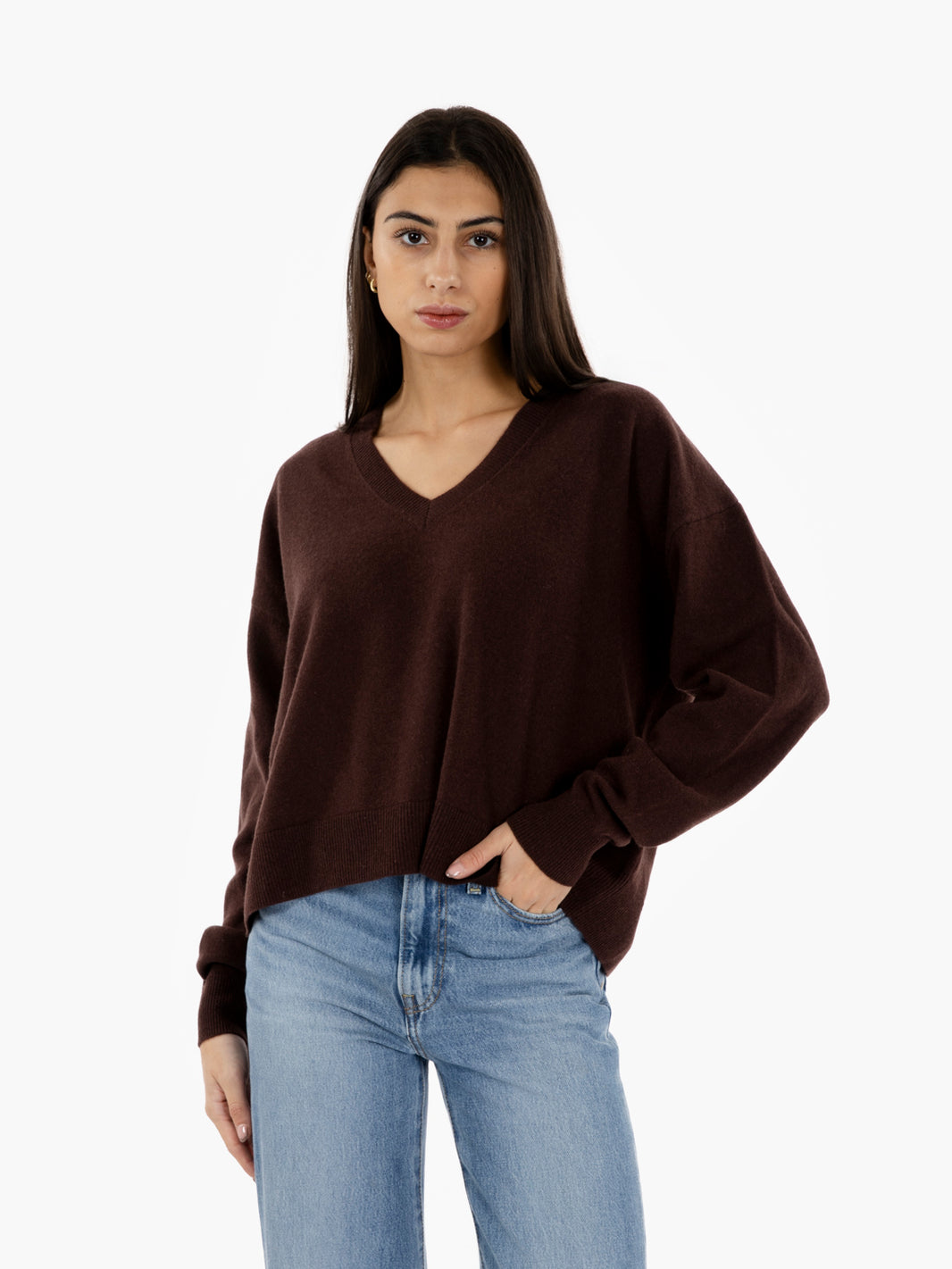 Dark brown V-neck sweater with back slit