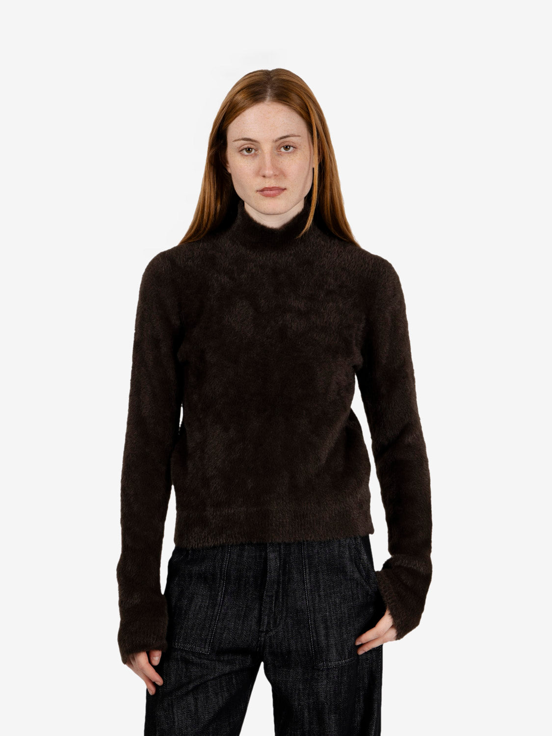 Maglione ecopelliccia collo alto moro