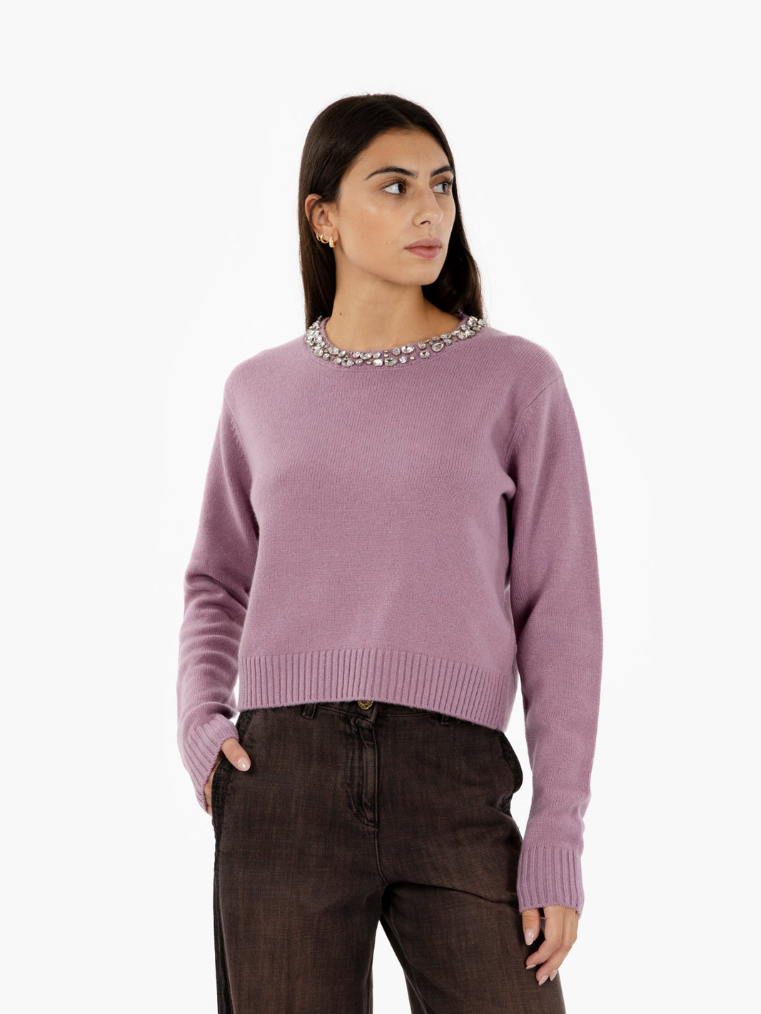 Wool sweater with mauve stones