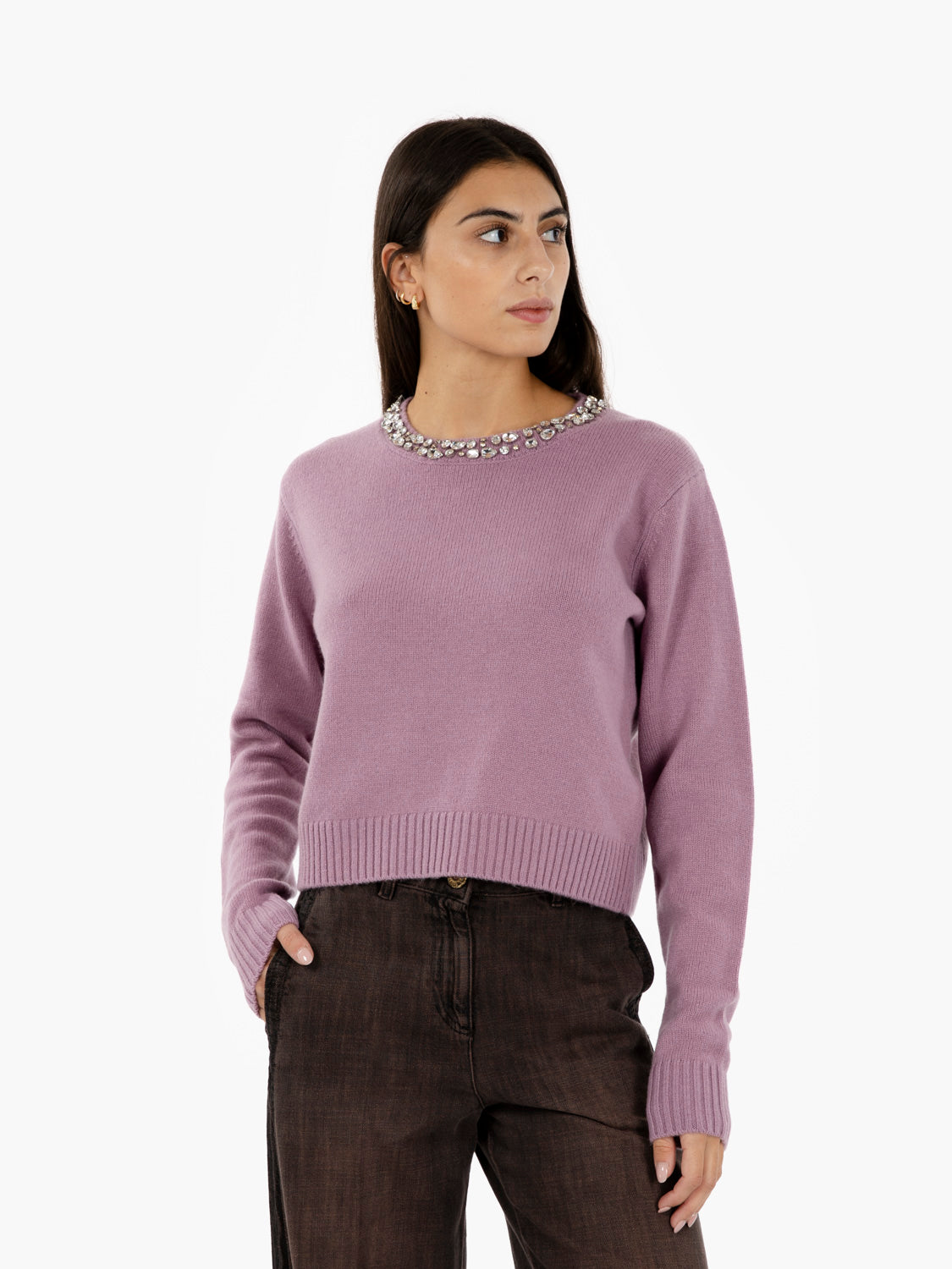 Wool sweater with mauve stones
