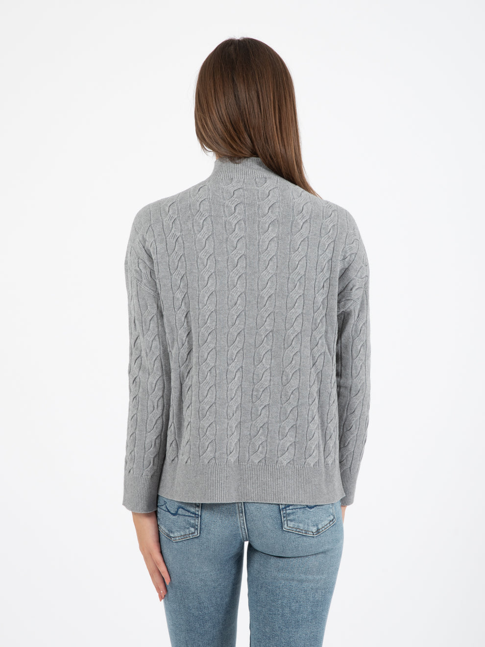 Grey cable knit turtleneck sweater