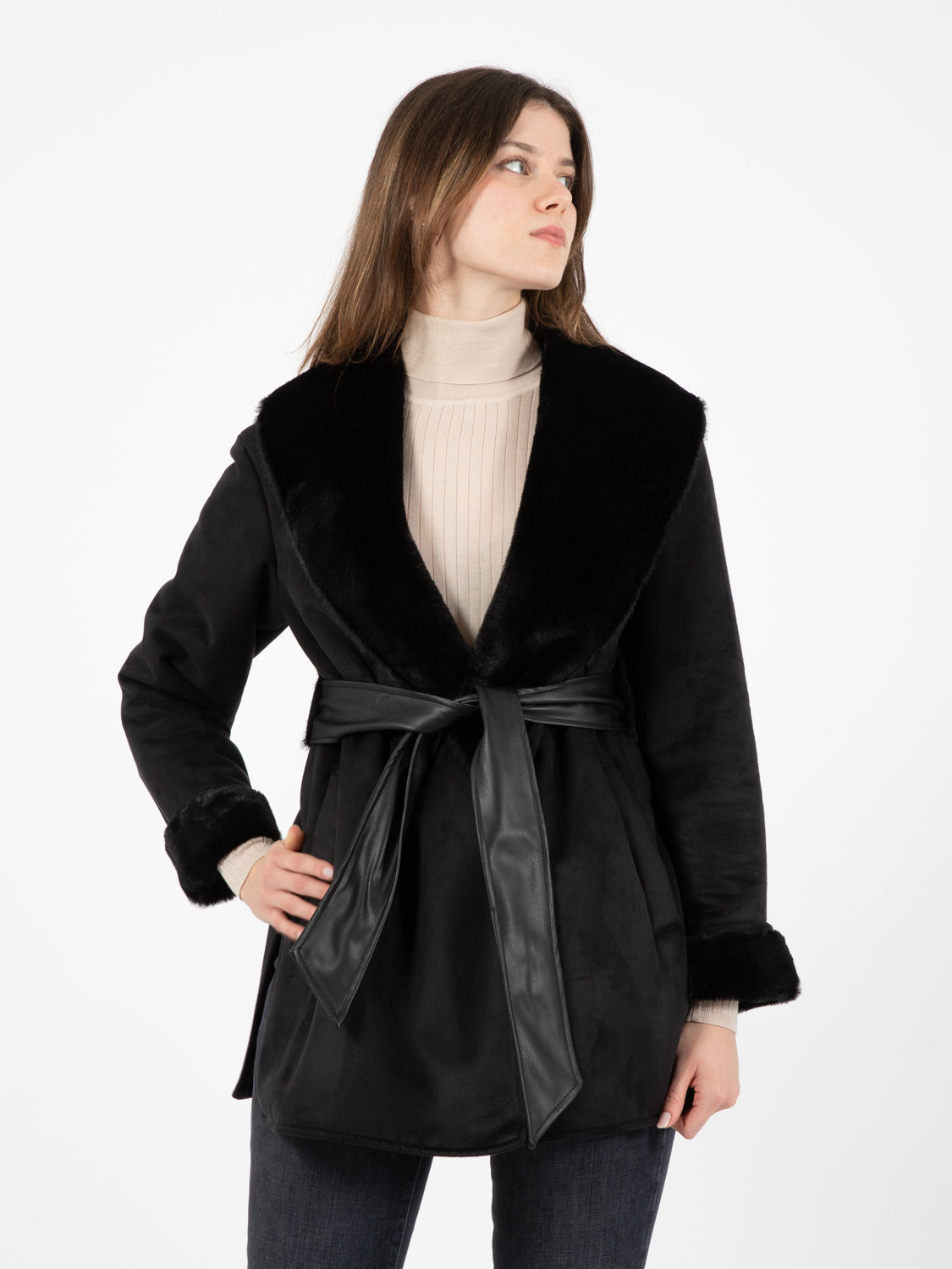Short faux fur sheepskin with black sash
