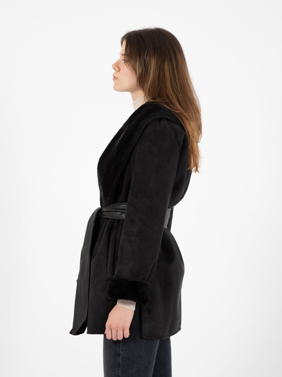 Short faux fur sheepskin with black sash