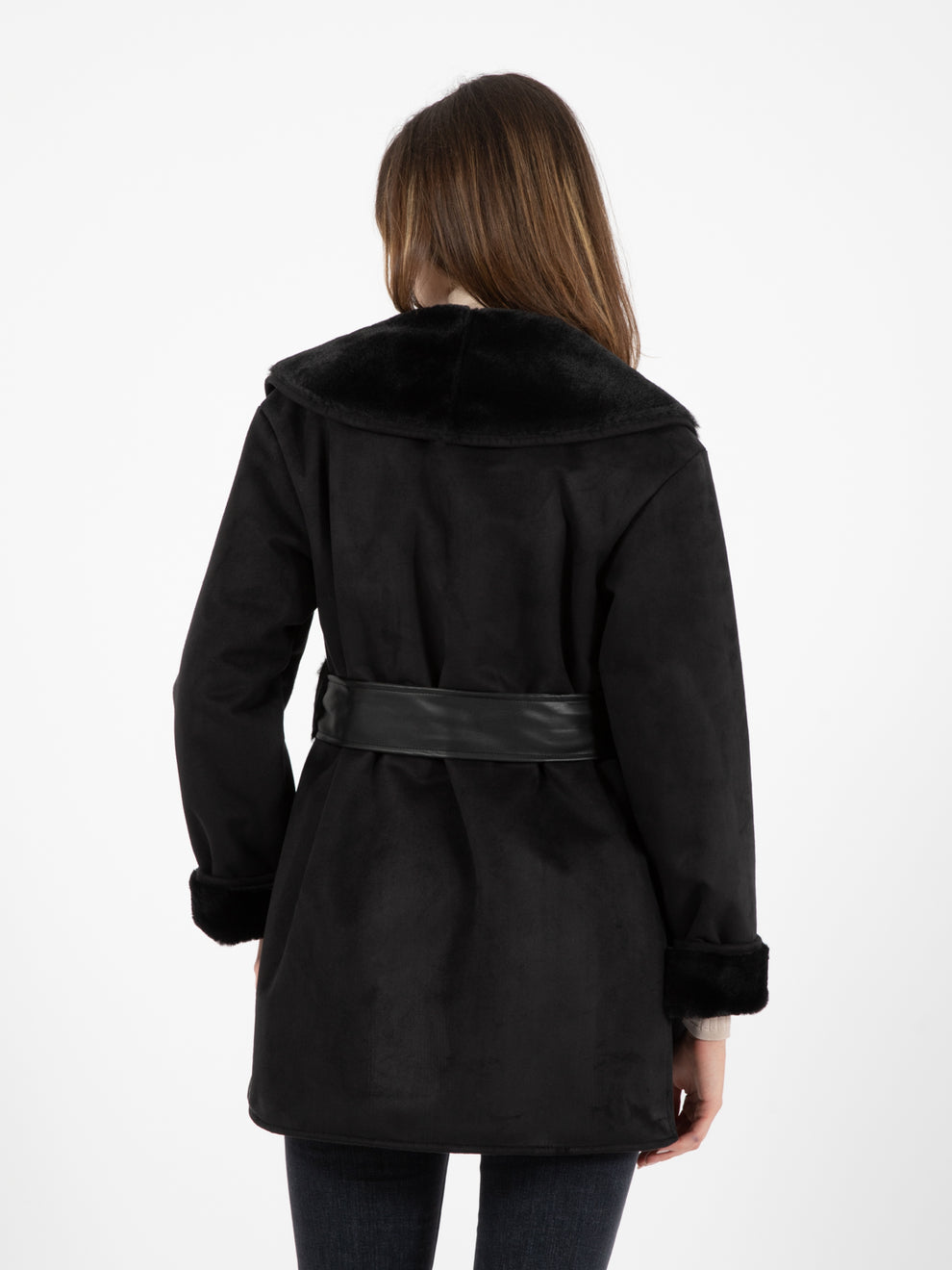 Short faux fur sheepskin with black sash