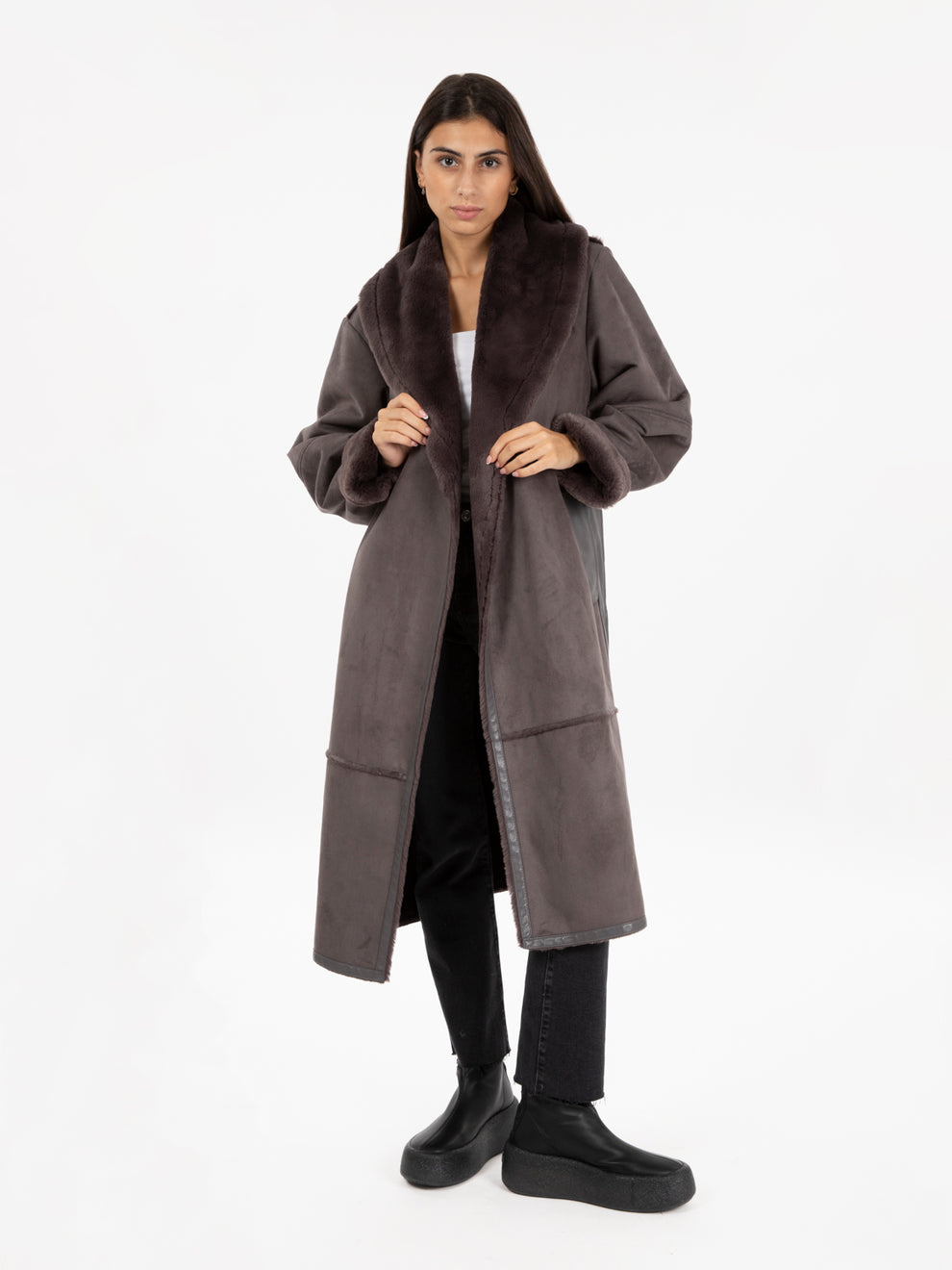 Long sheepskin with gray sash