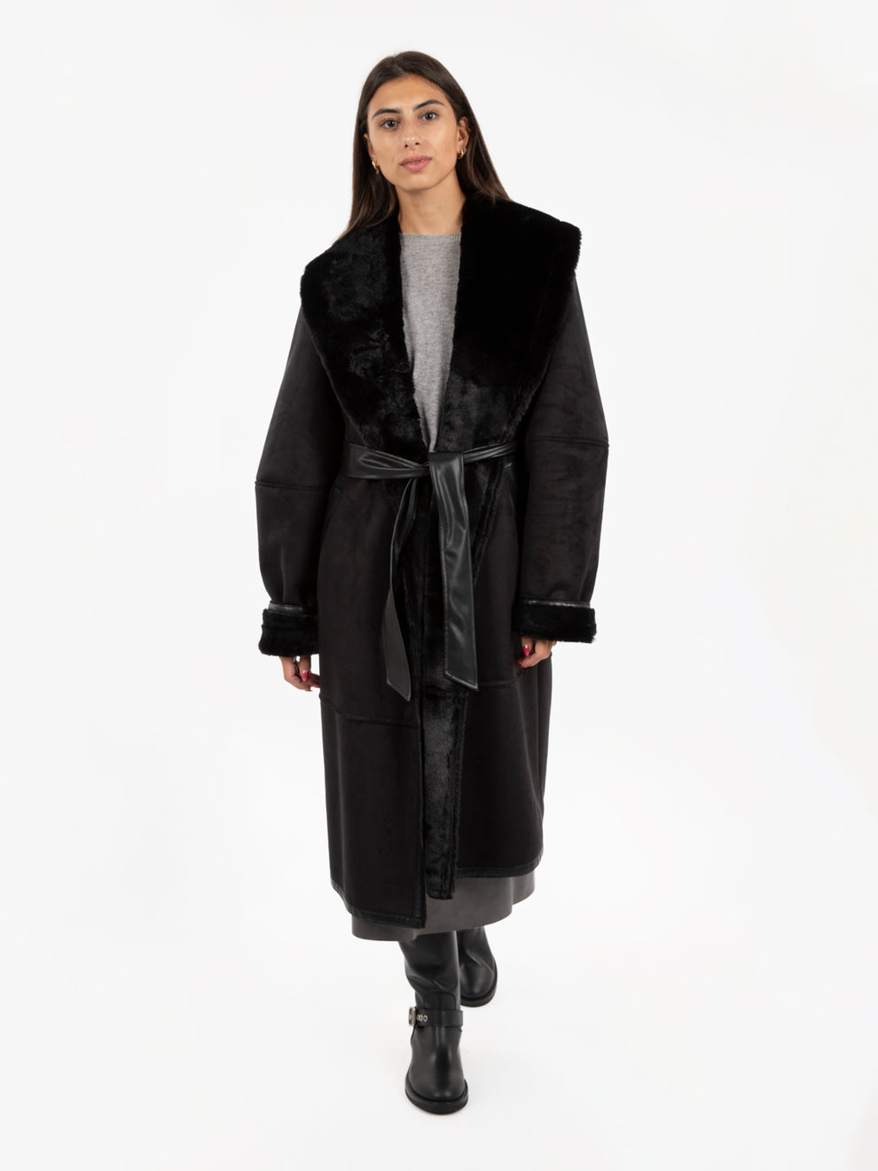 Long sheepskin with black sash