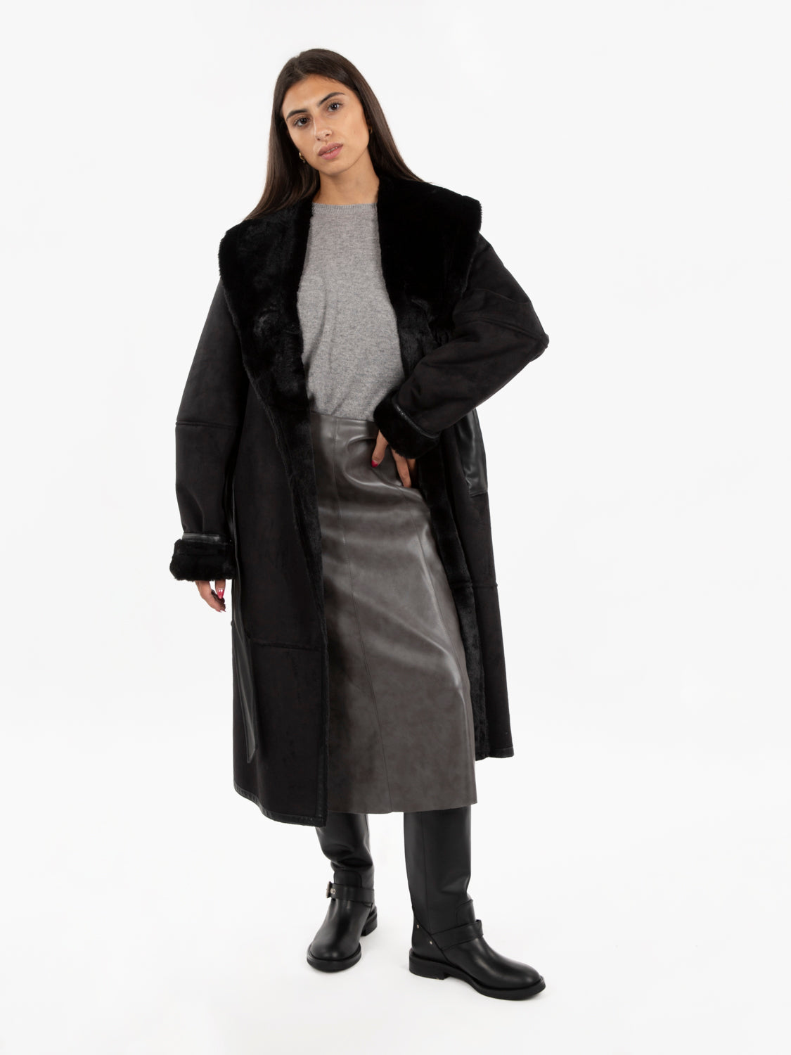 Long sheepskin with black sash