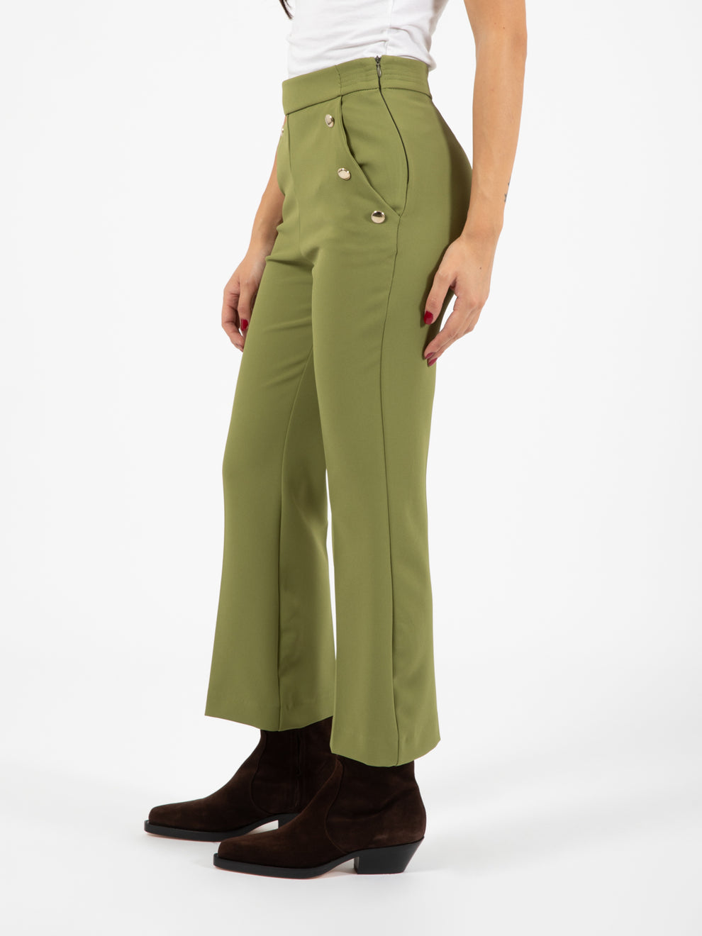 Green buttoned trumpet trousers