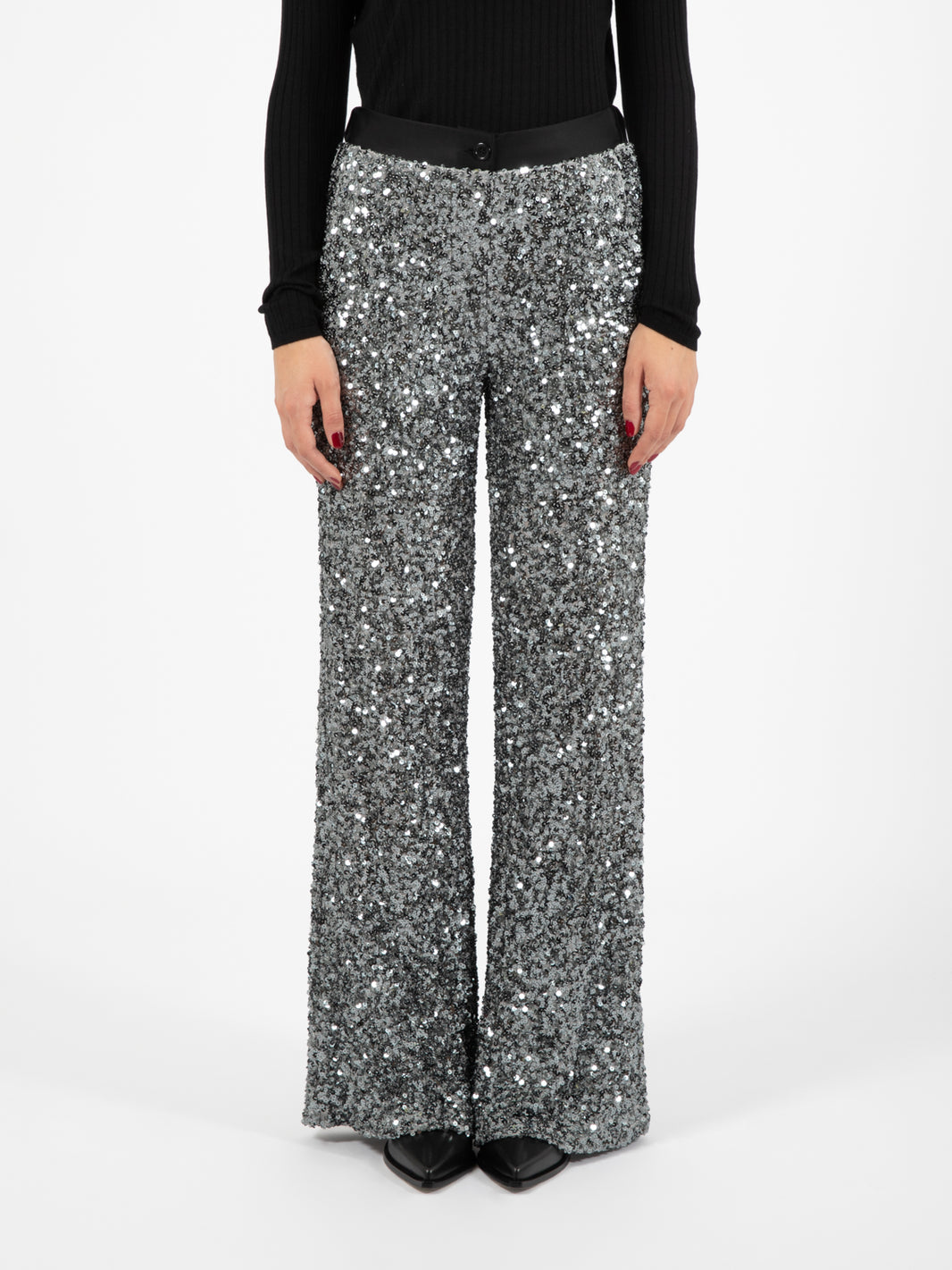 Pantalone stretch con paillettes argento