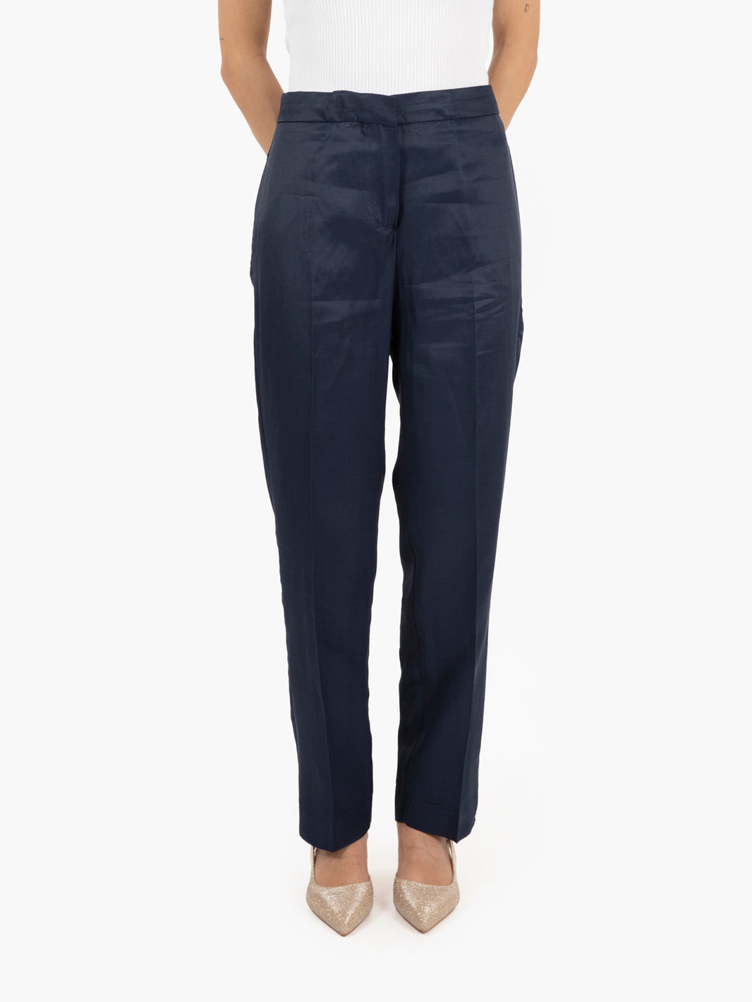 Blue viscose and linen cigarette trousers