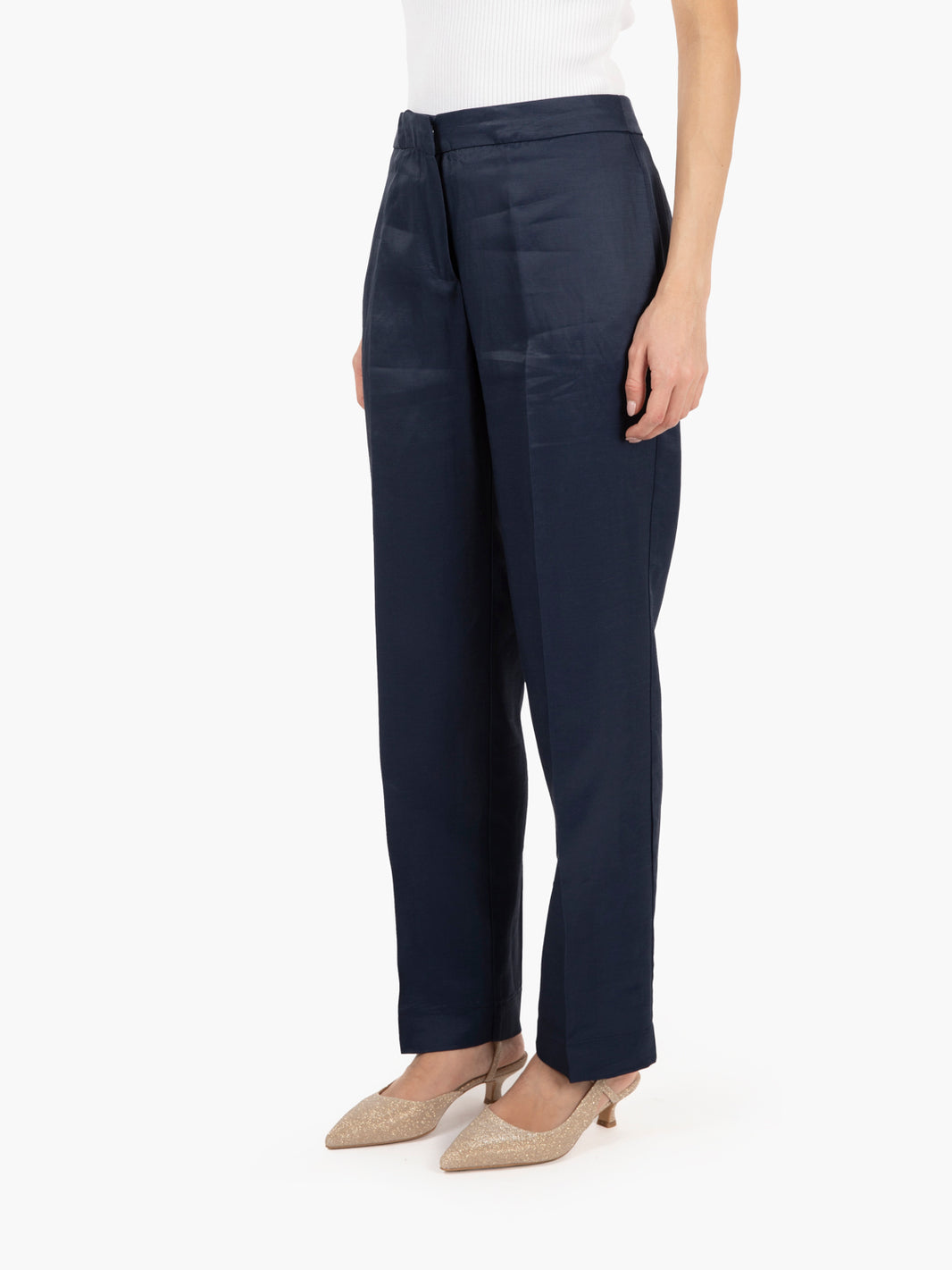 Blue viscose and linen cigarette trousers