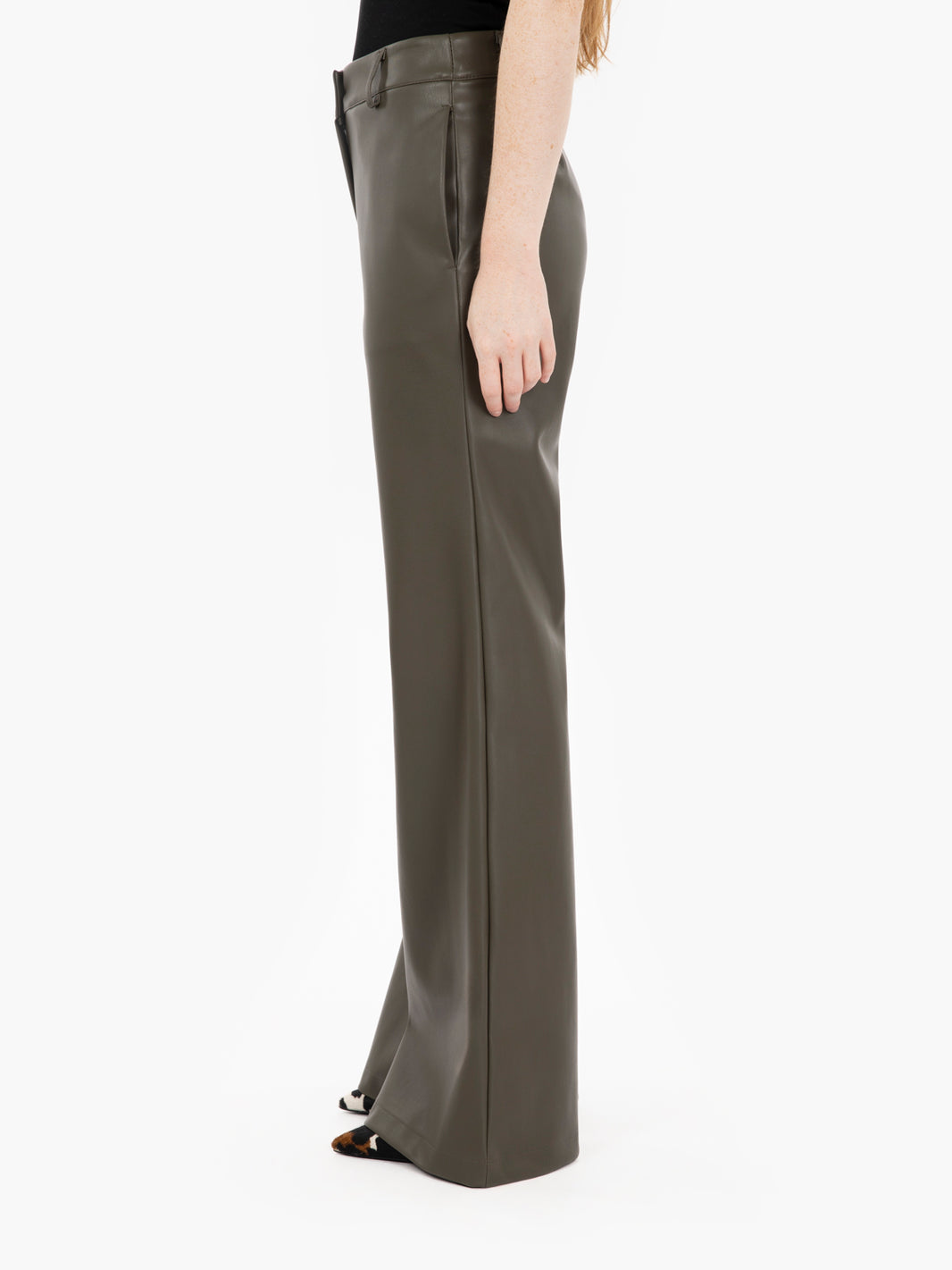 Military flare faux leather trousers