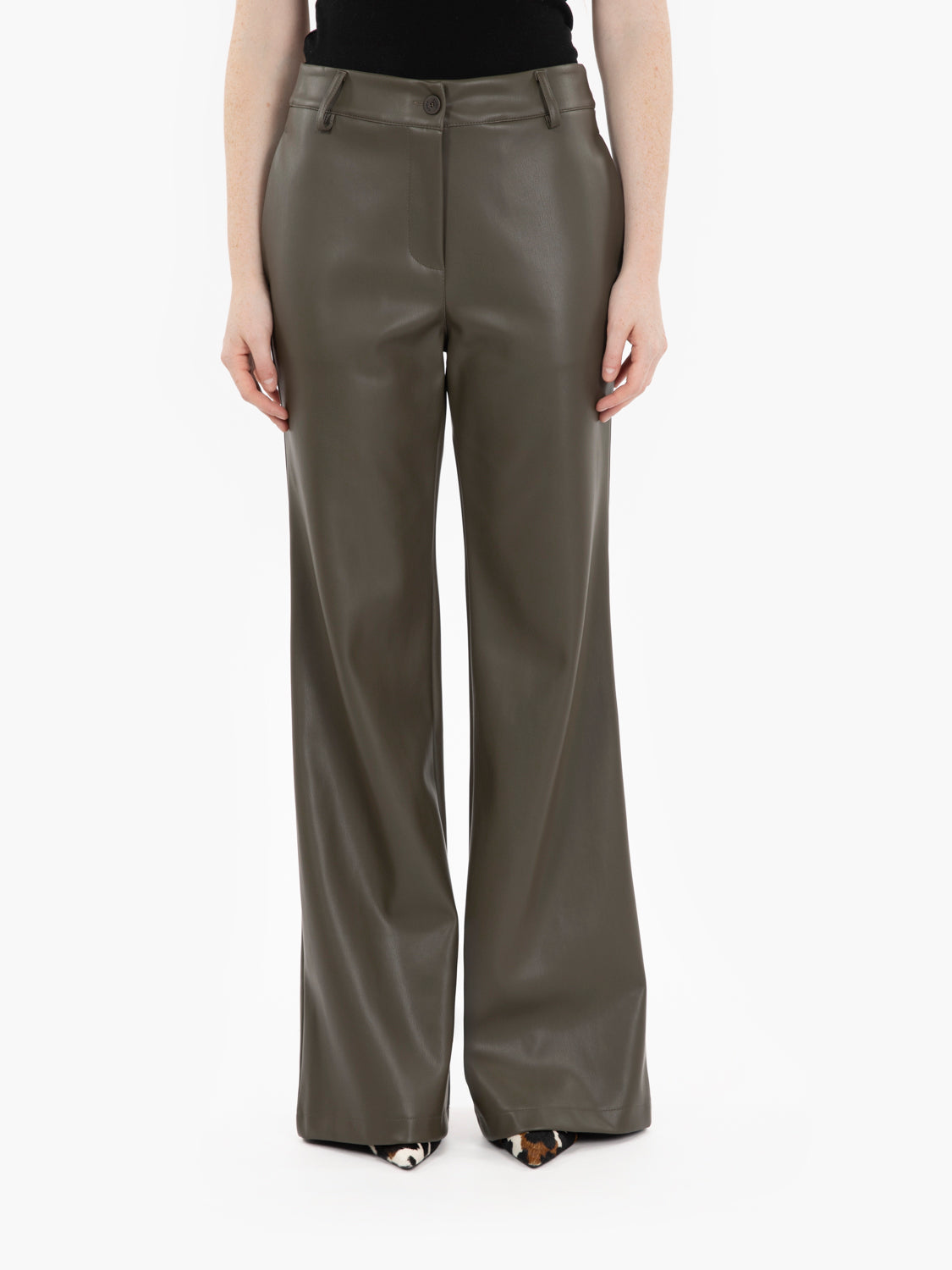 Military flare faux leather trousers