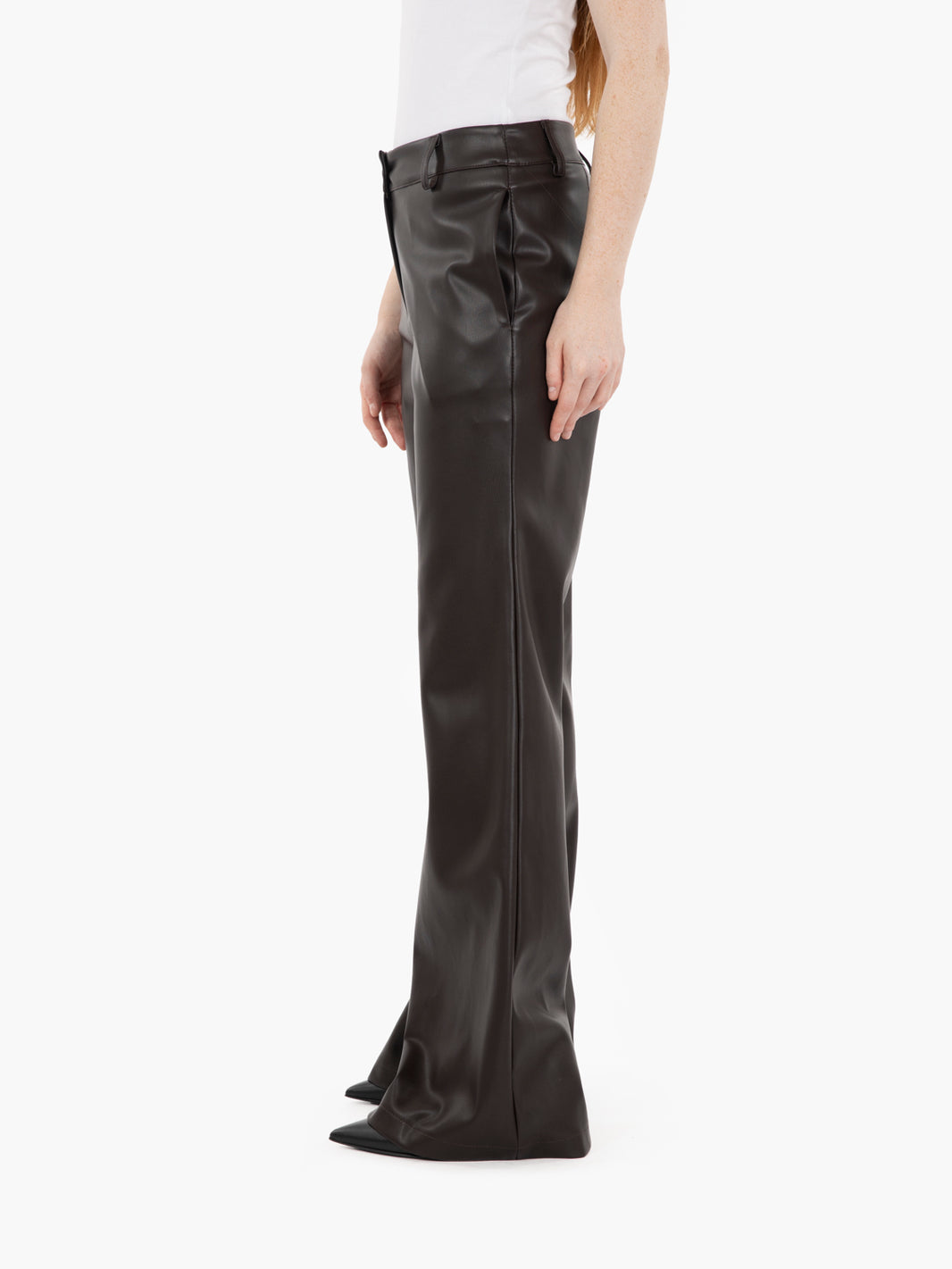 Dark brown flared faux leather trousers