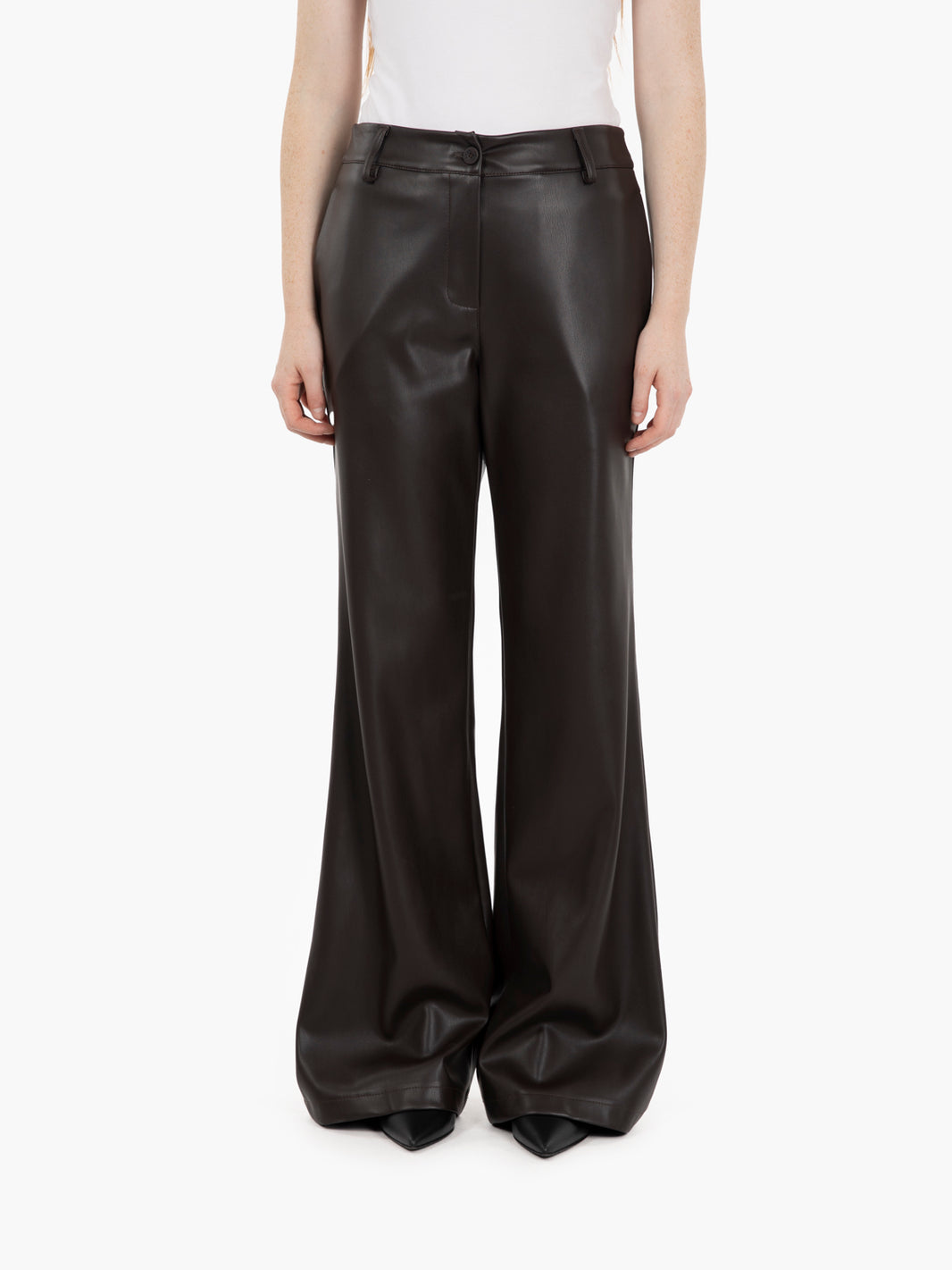 Dark brown flared faux leather trousers