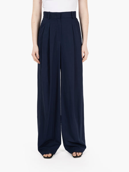 Pantaloni wide viscosa e lino blu