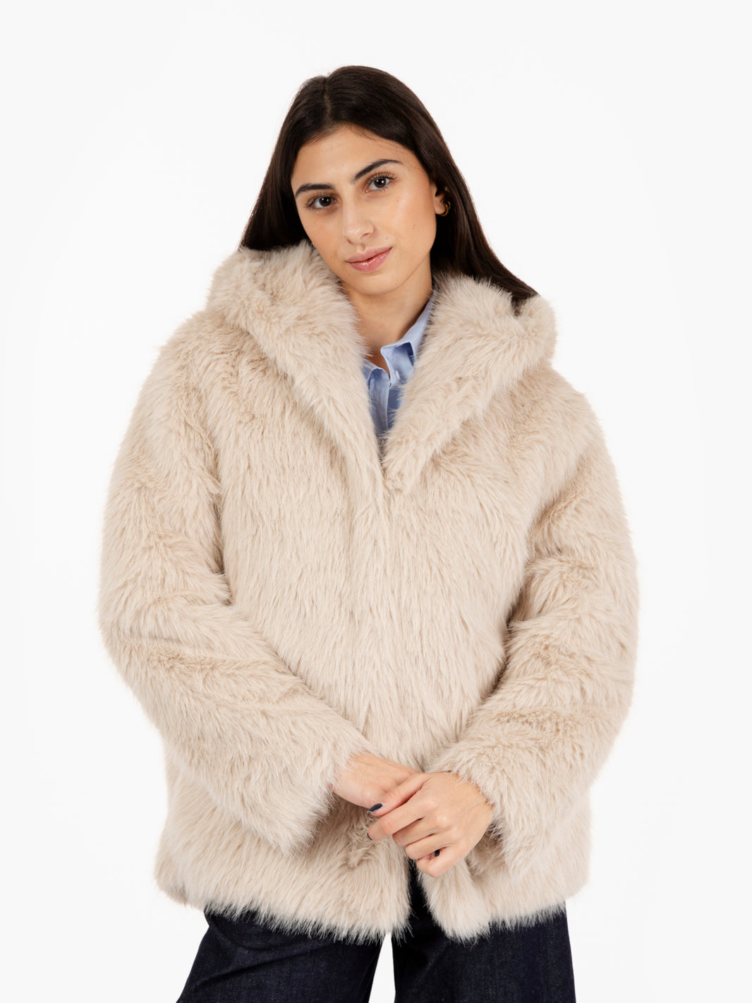 Pelliccia con cappuccio Kasha beige