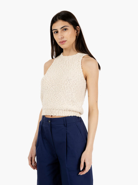 Top smanicato bouclé con paillettes ecrù