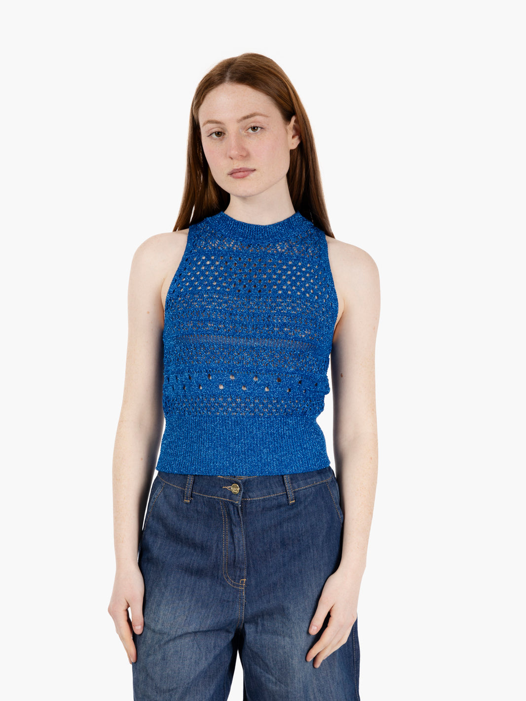Top smanicato traforato bluette