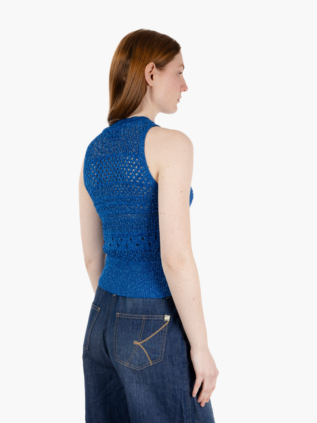 Top smanicato traforato bluette