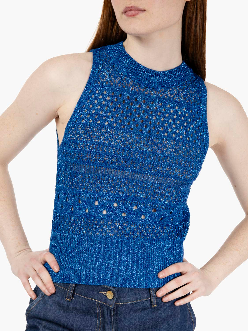 Top smanicato traforato bluette