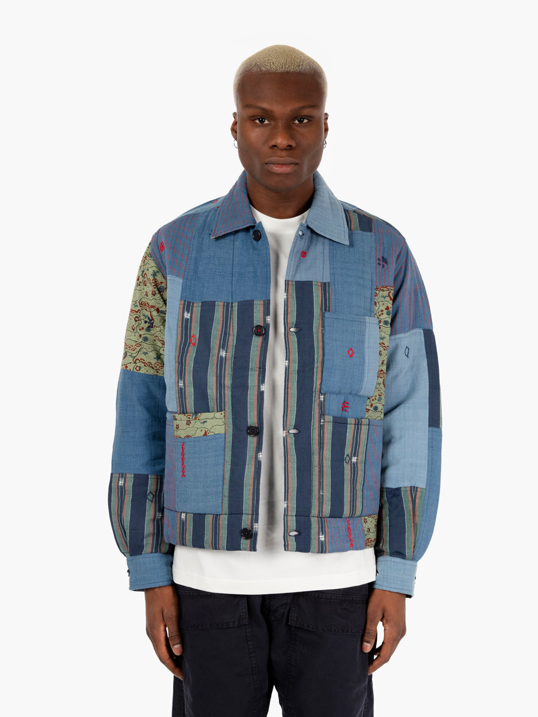 Navajo Patchwork Denim Jacket Light Blue/Green