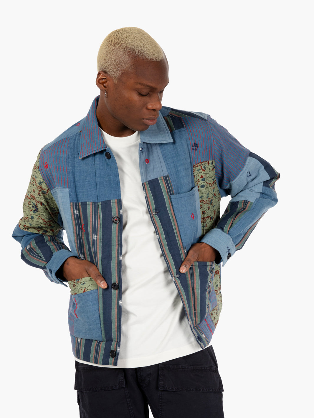 Navajo Patchwork Denim Jacket Light Blue/Green