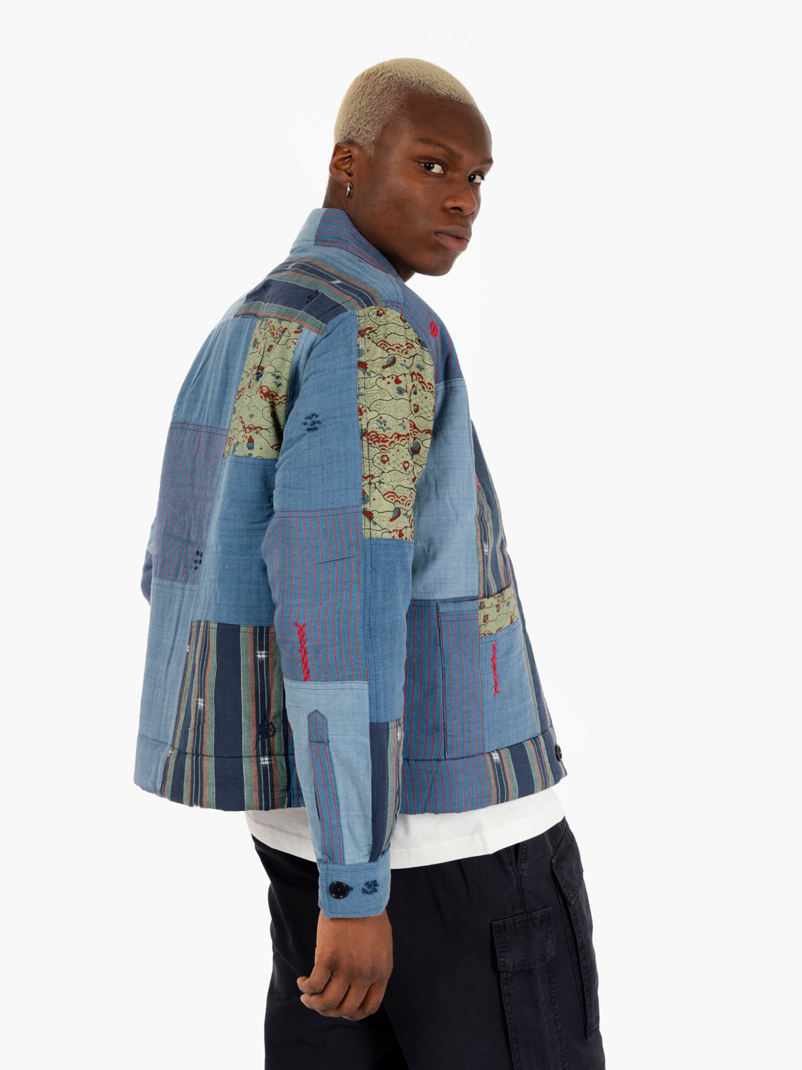 Navajo Patchwork Denim Jacket Light Blue/Green
