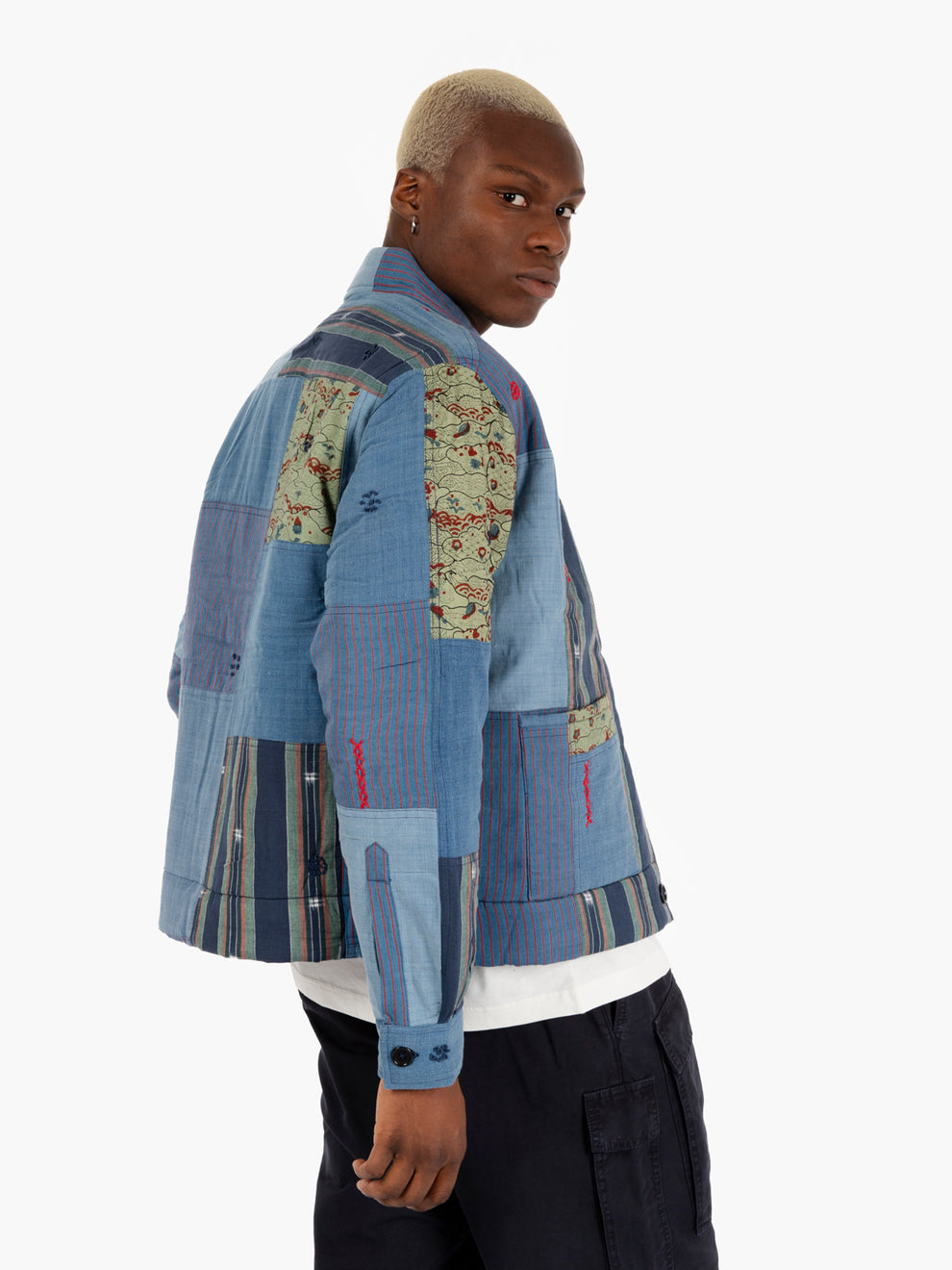 Navajo Patchwork Denim Jacket Light Blue/Green