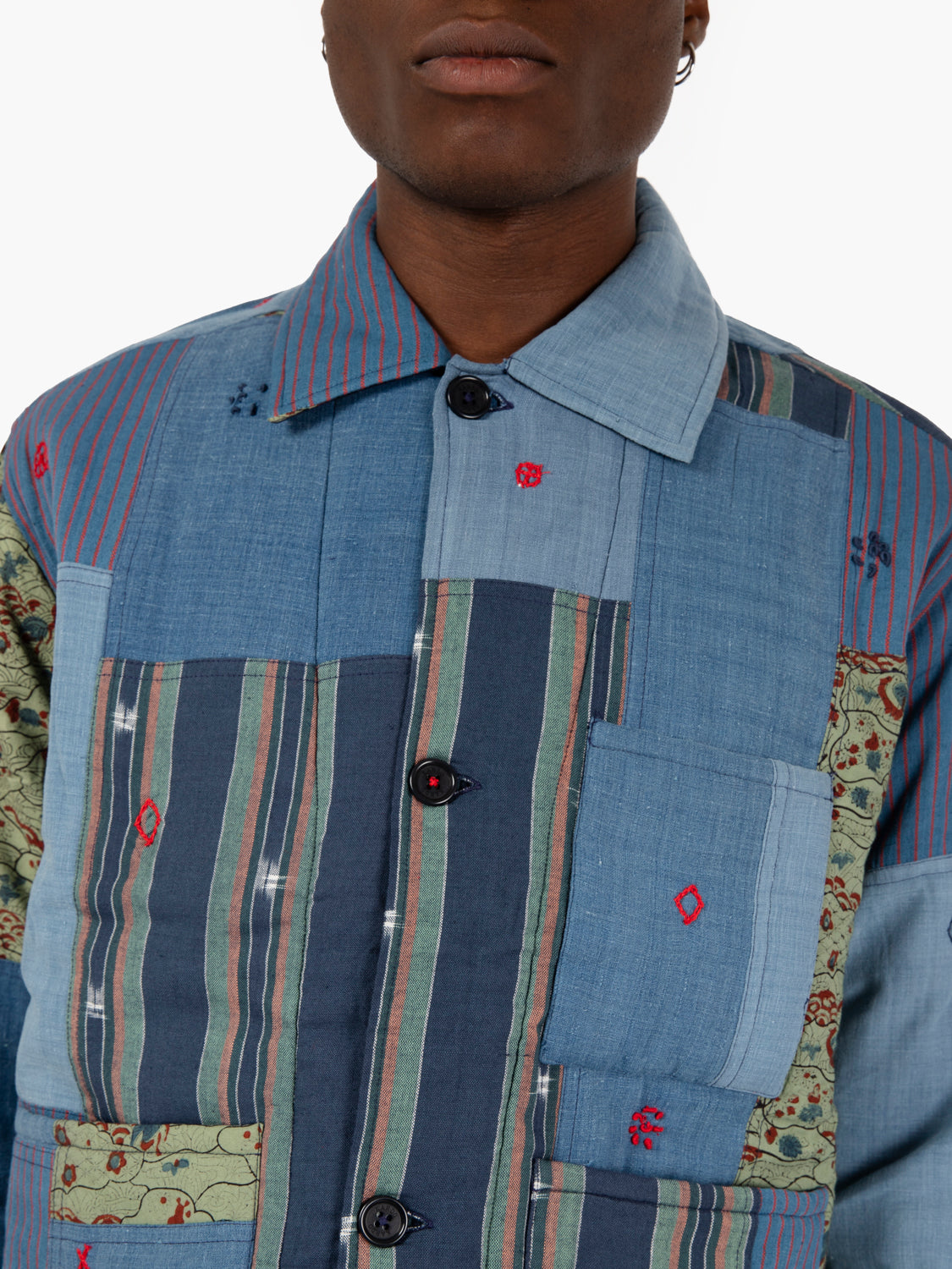 Navajo Patchwork Denim Jacket Light Blue/Green