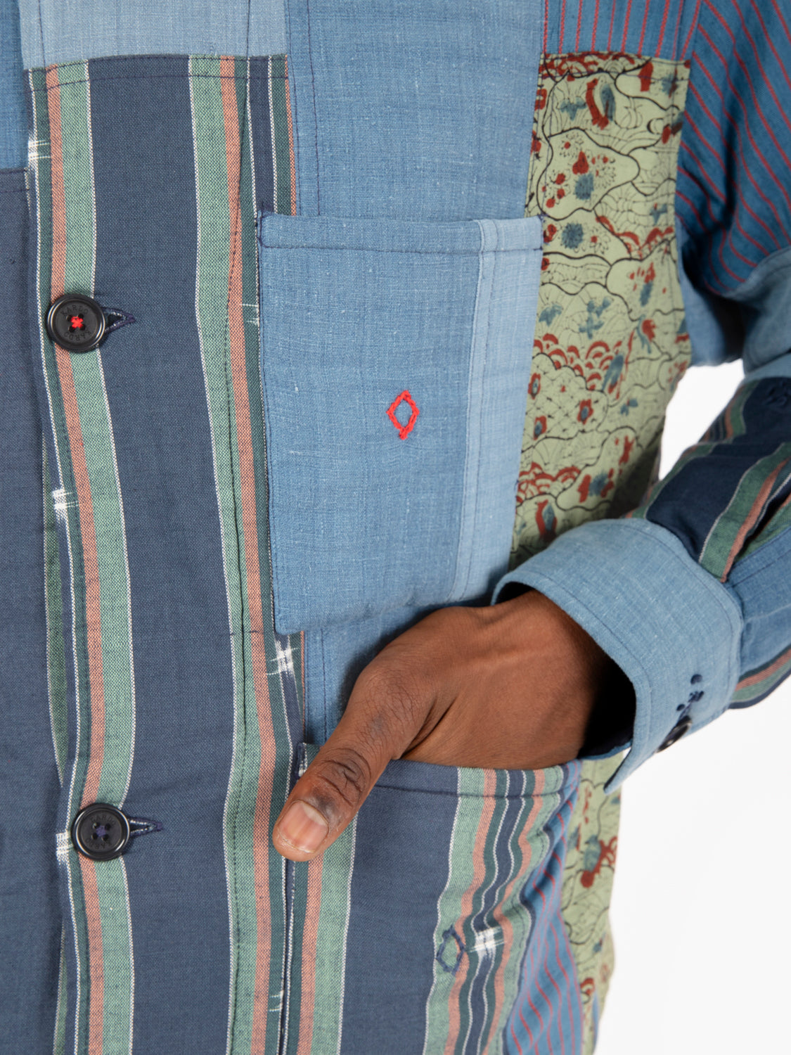 Navajo Patchwork Denim Jacket Light Blue/Green