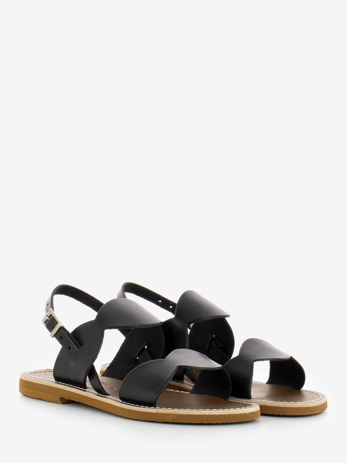 Black cowhide sandals with double scalloped band