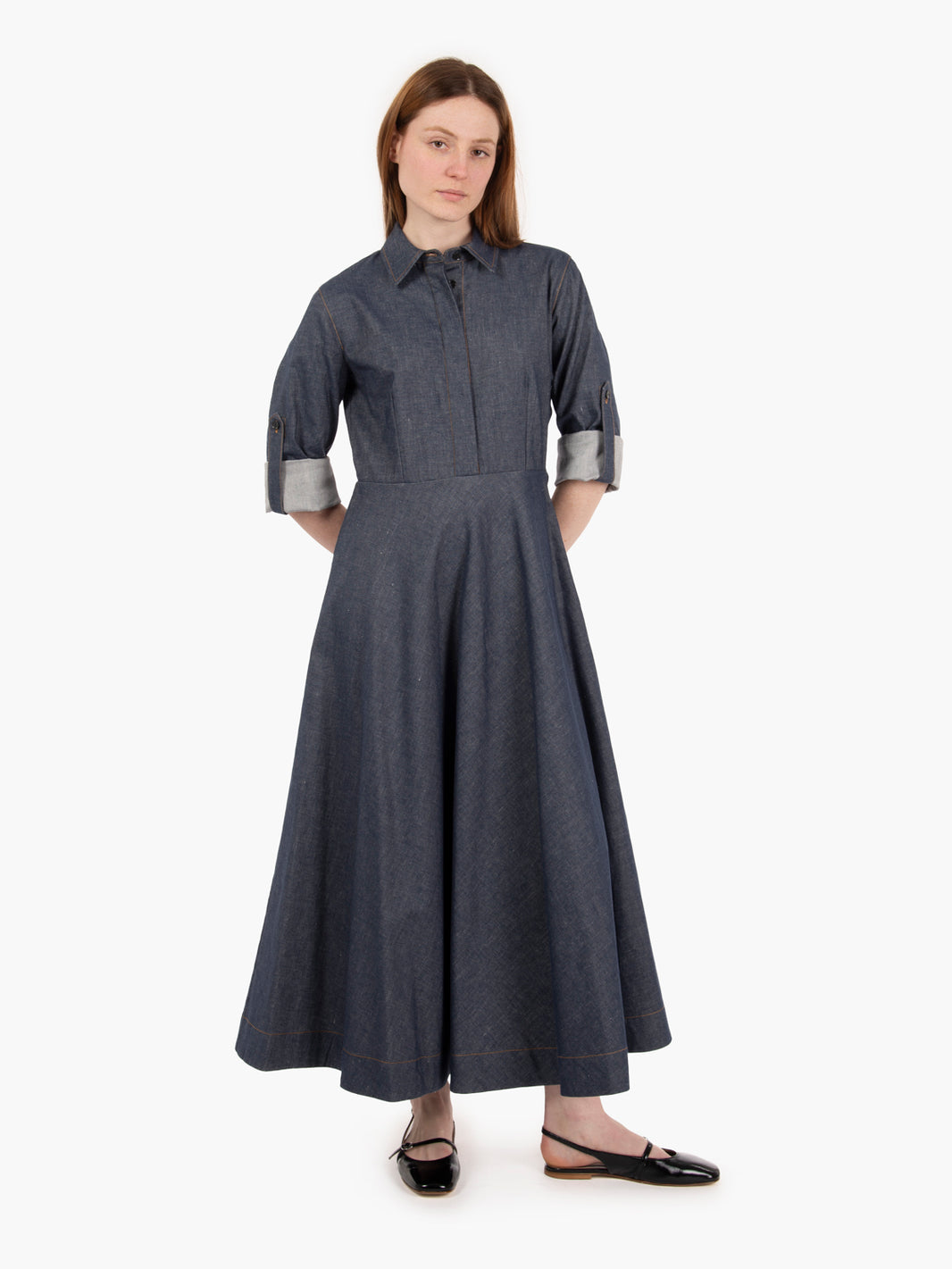 Long blue denim dress