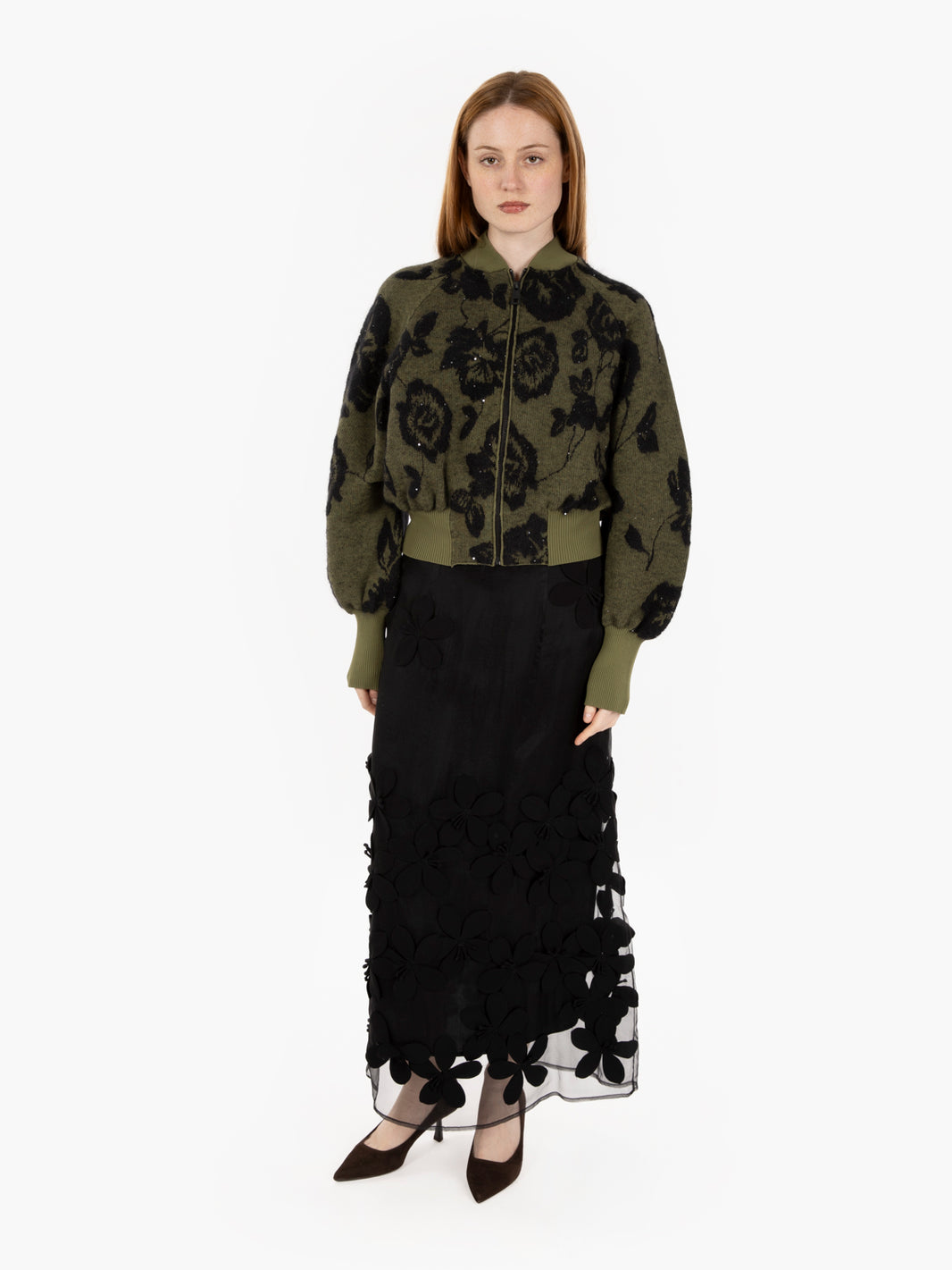 Wallace Bomber Jacket in Green/Black Flowers 
