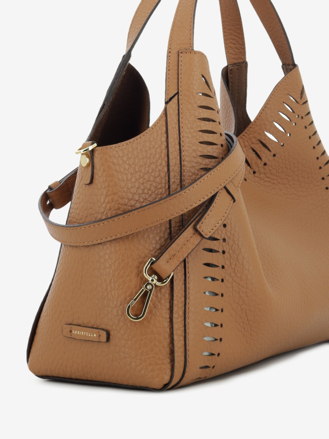 Perforated leather bag in tan