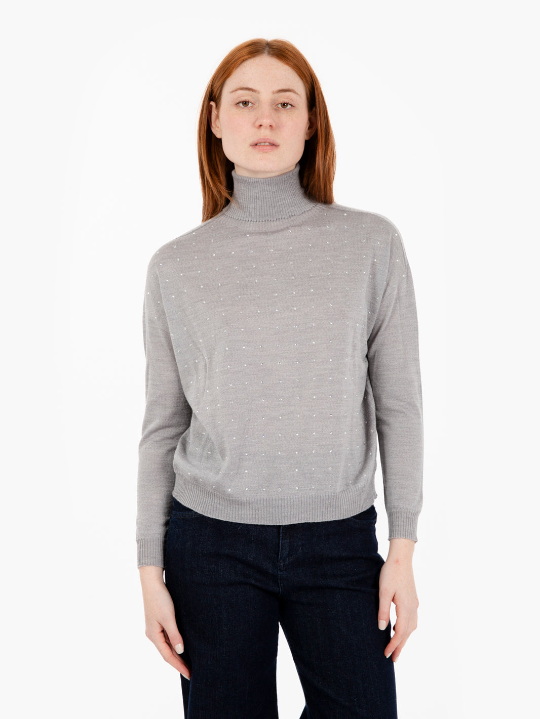 Pearl grey turtleneck sweater with swarovski
