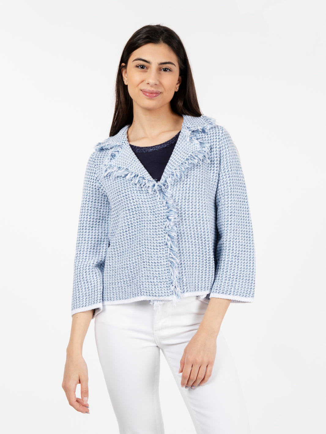 Blazer in maglia con frange azzurro