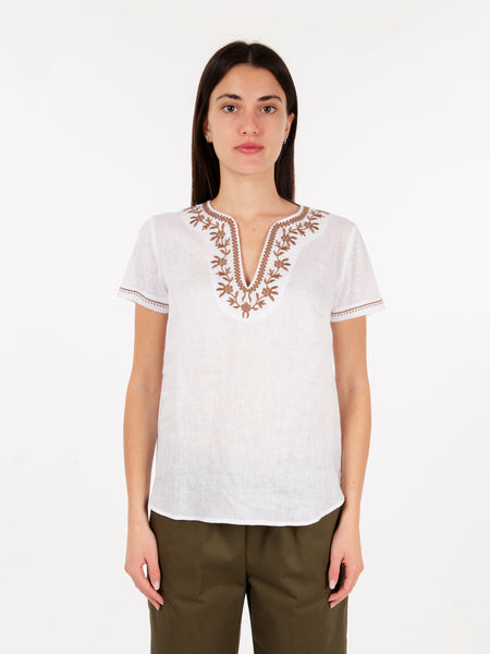 Blusa maniche corte con ricami bianco / marrone