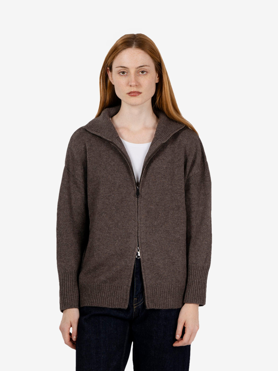 Dark brown high-neck zip-up cardigan